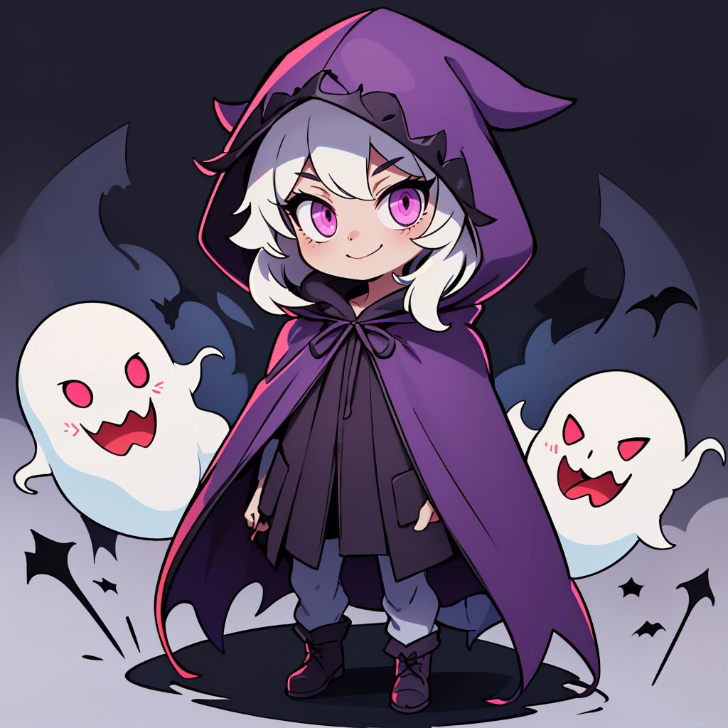 solo, looking at viewer, smile, purple eyes, full body, hood, pink eyes, no humans, glowing, glowing eyes, cloak, hood up, ghost, straight-on, hooded cloak, ghost costume
 halloween