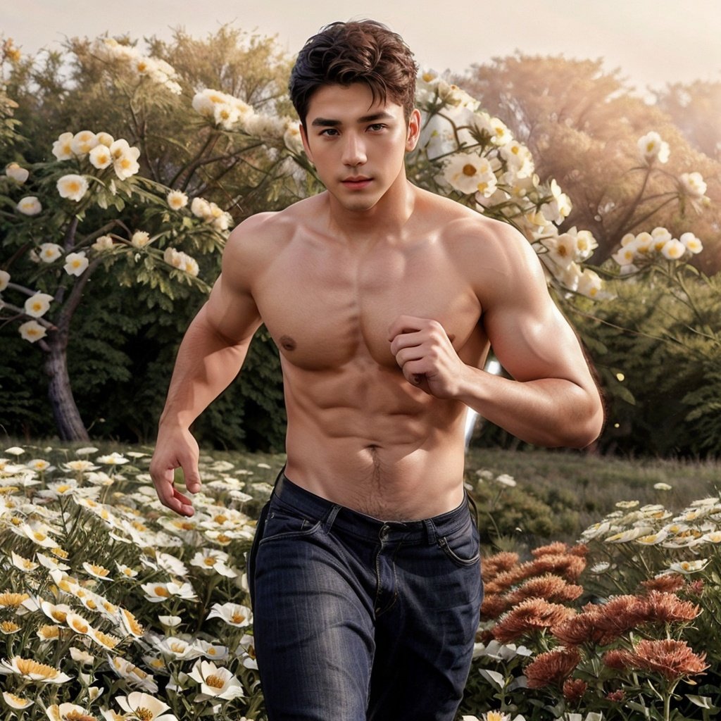 gorgeous male portrait,from the side,looking at viewer,in a meadow,flowers,beautiful hair,manly,gorgeous lighting,