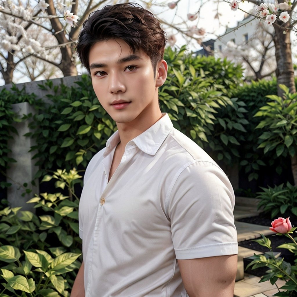 masterpiece,1 Man,Handsome,Look at me,Brown eyes,Short hair,Oil head,White shirt,22 years old,Outdoor,Garden,Peach tree,Flying petals,textured skin,super detail,best quality,