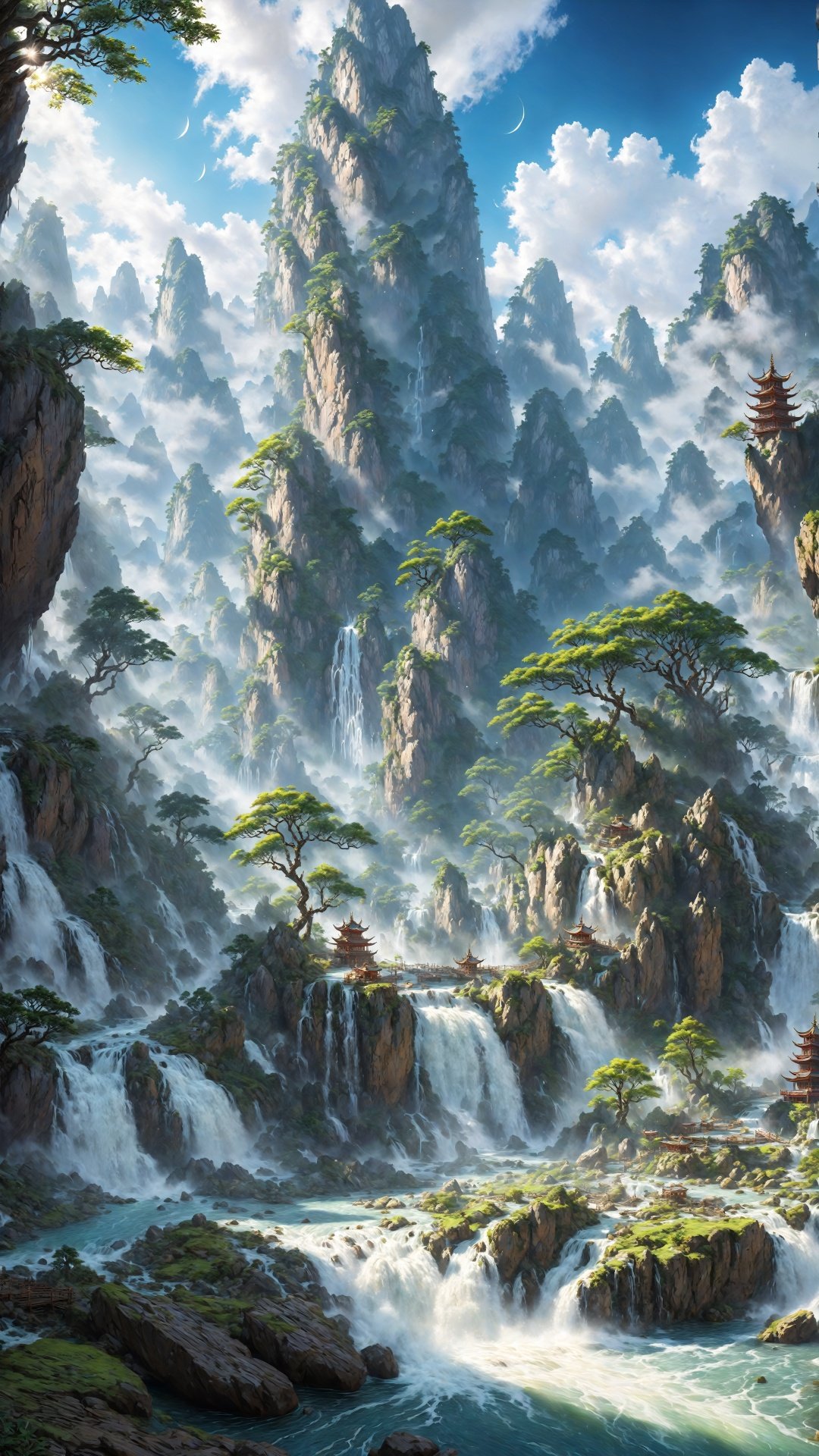  (Oriental fantasy: 1.5) (Hyper-realistic game thick painting style: 1.5) The details are complex, in an ancient valley, surrounded by towering peaks, forming a fairyland-like scenery. Surrounded by mountains and rivers, waterfalls flow down from the mountains like white water. The light spots splashed by water droplets flash in the sun, like a string of gems. Fine water mist fills the air, and the clean and fresh breath fills the entire valley, as if you are in a fairyland