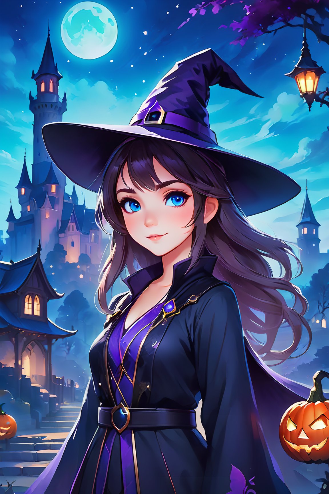 1girl, halloween outfit, wearing a witch hat, haunted castle, simple, beautiful, modern watercolor style, smirk, raised left eyebrow, perfect blue eyes, bokeh background cinematic lighting, (((Land of Boo, magic Academy, castle, detailed eyes)))