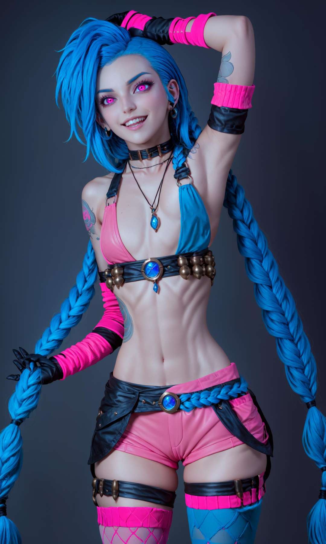 jinx (league of legends),solo,tattoo,twin braids,long hair,jewelry,navel,blue hair,shorts,very long hair,thighhighs,armpits,necklace,belt,short shorts,gloves,pink eyes,pink thighhighs,looking at viewer,small breasts,flat chest,<lora:MIAOKA_JINX_1.0_SDXL-000002:0.8>,