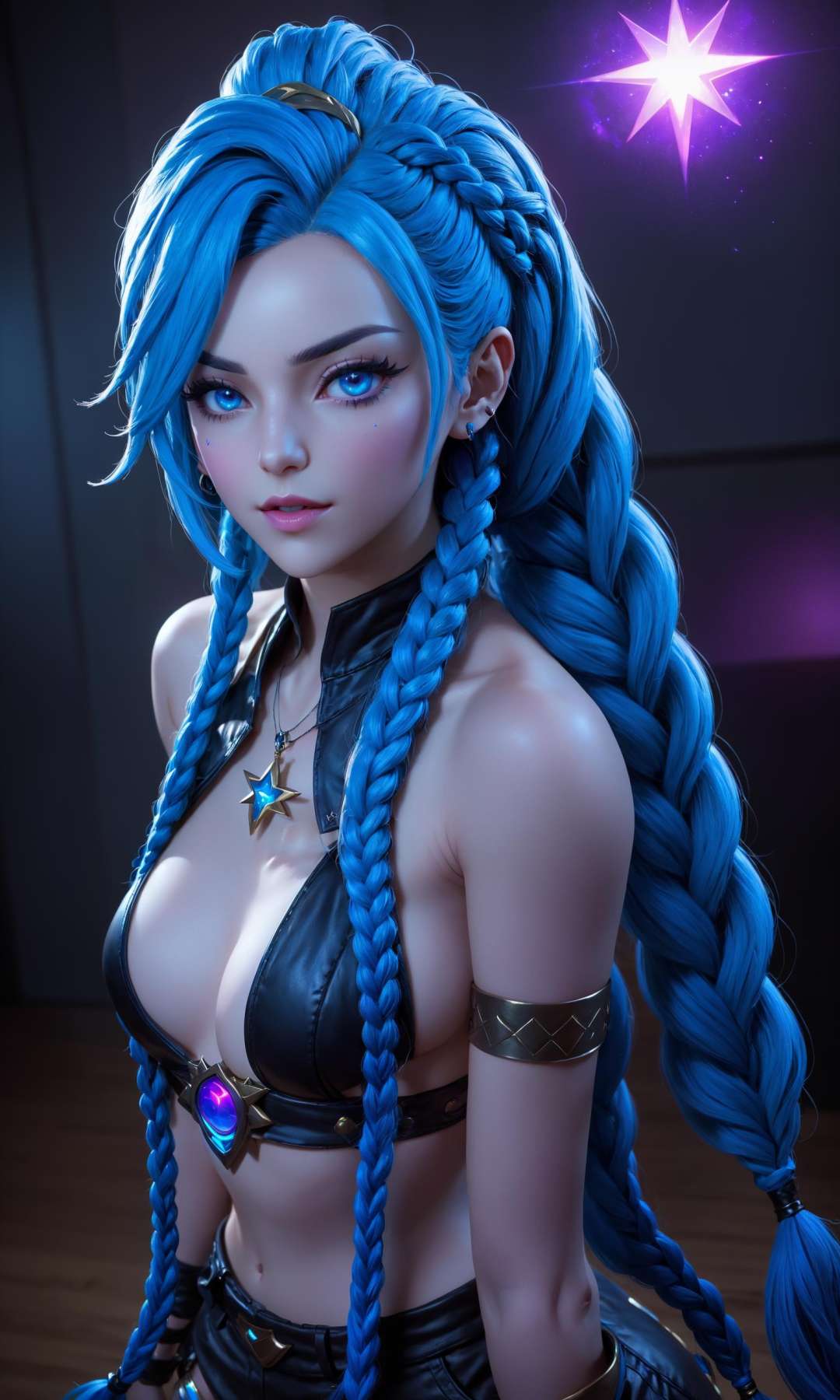 best quality,masterpiece,realistic,full body,1girl,k/da \(league of legends\),3D graphics,there is a star below the left eye,<lora:MIAOKA_KDA_XL:0.4>,<lora:MIAOKA_JINX_1.0_SDXL:0.6>,jinx (league of legends),k/da \(league of legends\),blue hair,twin braids,