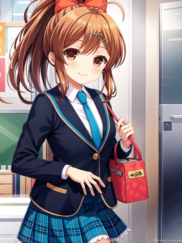 (masterpiece),  best quality,  high resolution,  extremely detailed,  detailed background,  perfect lighting,  (kawaii:1.2),  cute,  nice hands,  perfect hands,  simple,  smooth line,  vivid color,  solo,  1girl,  Sakurai Akane,  GirlFriend BETA,  brown eyes,  brown hair,  ahoge,  hair bow,  hair ornament,  hair ribbon,  hairclip,  ponytail,  orange ribbon,  school uniform,  blazer,  blue necktie,  blue skirt,  plaid skirt,  smile,  school, <lora:EMS-73697-EMS:0.800000>