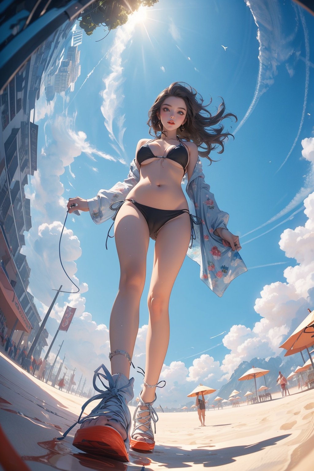 masterpiece,best quality,ultra-detailed,1girl,from below,full body,Fisheye lens,walking,sand,bikini,solo,<lora:仰拍视角V1.2:0.7>,