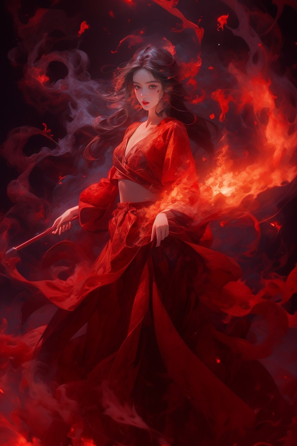 masterpiece,best quality,ultra-detailed,photorealistic,realistic,photography,1girl,fire,solo,burning,embers,solo,floating hair,full body,over the sea,red theme,smoke,md,long_sleeves,<lora:mdhuo1-000005:0.6>,<lora:红蓝烟雾完成版:0.5>,<lora:xy:0.65>,