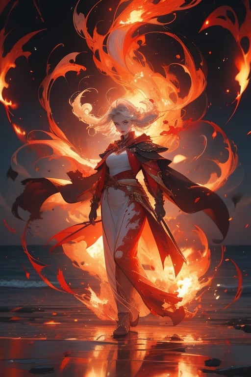 masterpiece,best quality,ultra-detailed,photorealistic,realistic,photography,1girl,fire,solo,burning,embers,solo,floating hair,full body,white dress,white hair,over the sea,<lora:mdhuo1-000005:0.7>,