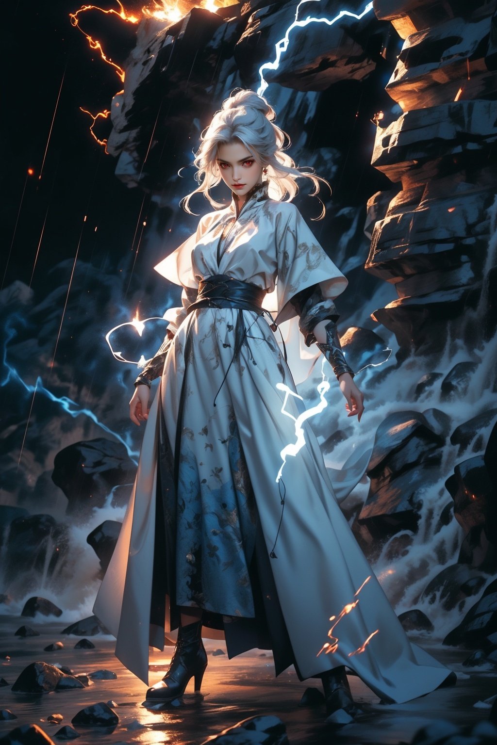 masterpiece,best quality,ultra-detailed,1girl,(blue lighting:1.2),(blue electricity:1.2),(wrapped in electricity all over the body:1.2),black_background,rain,white hair,white dress,<lora:雷法:1>,<lora:女三:0.3>,full body,