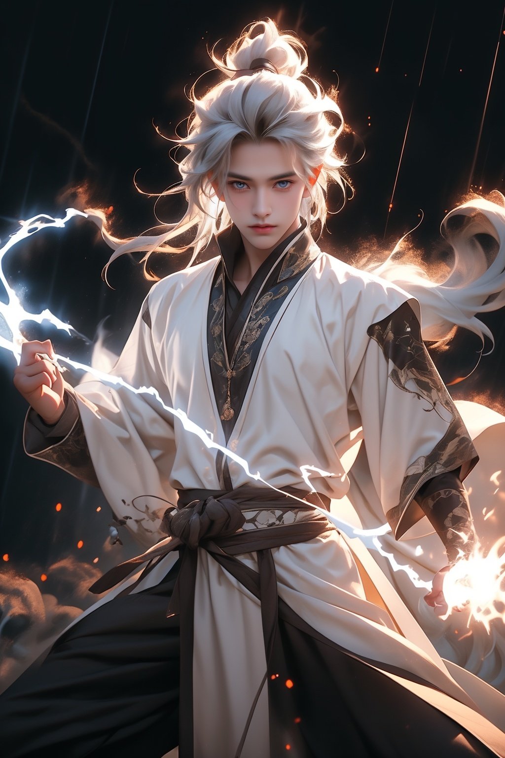 masterpiece,best quality,ultra-detailed,1boy,blue lighting,blue electricity,wrapped in electricity all over the body,black_background,rain,white hair,white dress,<lora:雷法:1>,<lora:男二V2.0:0.5>,