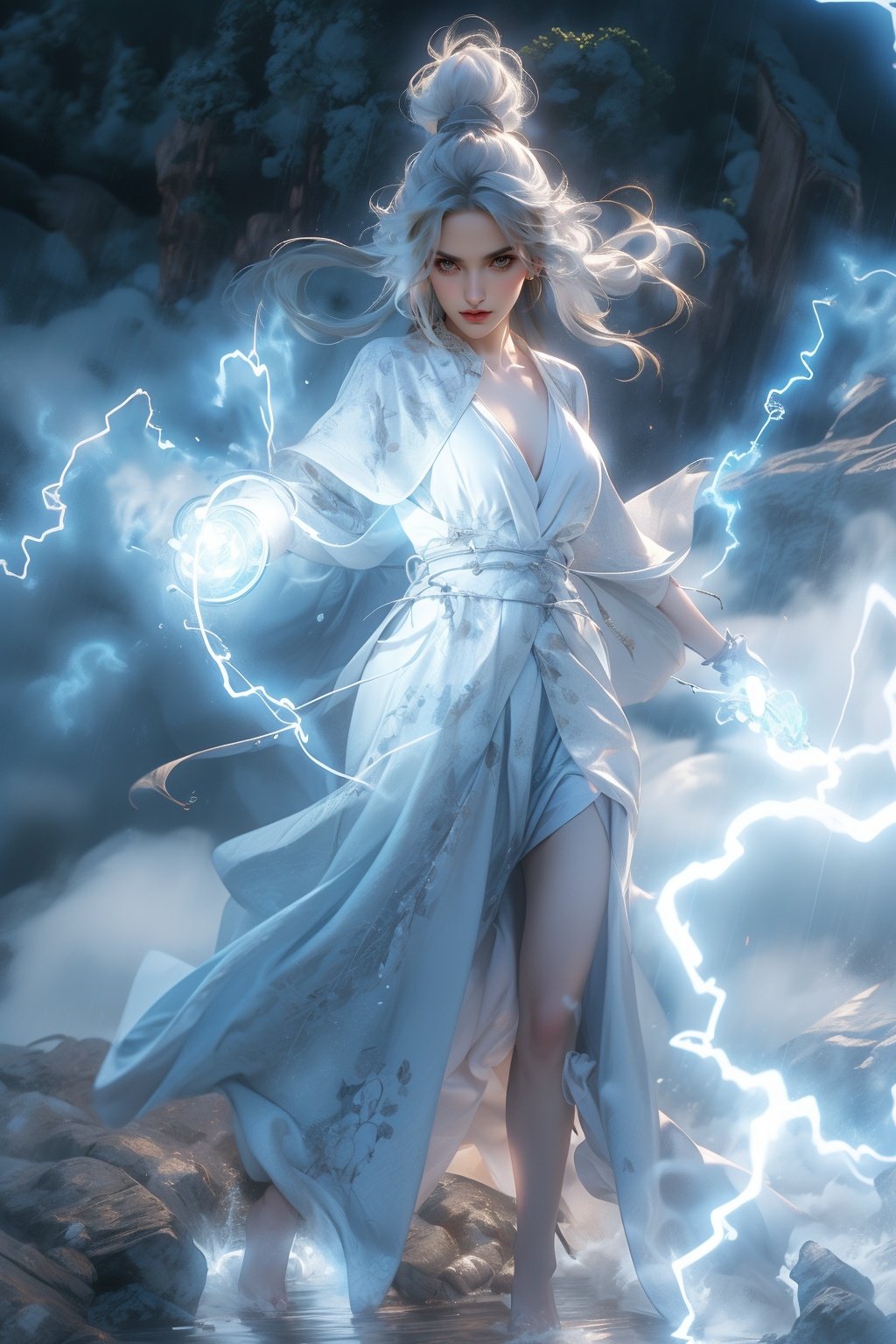 masterpiece,best quality,ultra-detailed,1girl,(blue lighting:1.2),(blue electricity:1.2),(wrapped in electricity all over the body:1.2),black_background,rain,white hair,white dress,<lora:雷法:1>,<lora:女三:0.3>,