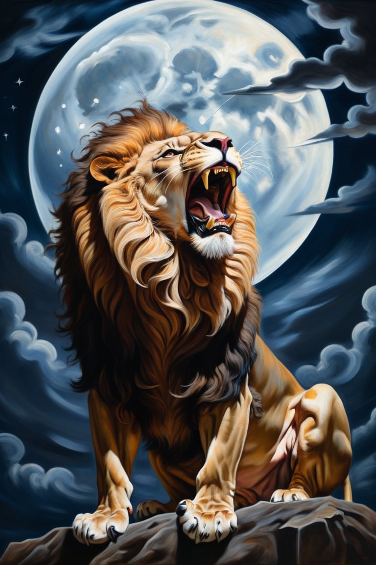 A majestic lion roaring under a moonlit sky, large detailed moon, inspired by the chiaroscuro technique of Caravaggio