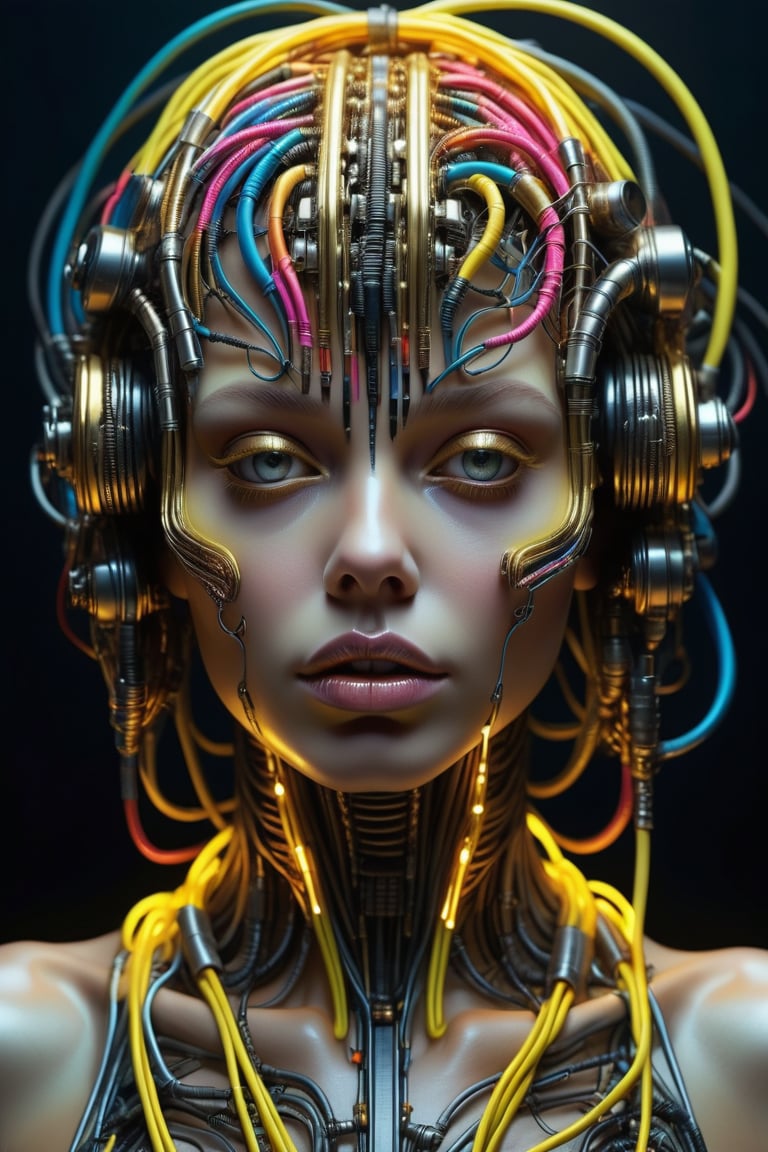 Please create a masterpiece, stunning beauty, perfect face, epic disdain, Slave to the machine, hyper-realistic, vibrant colors, Body made from neon cables, wires, biopunk, android, Foss, Giger, Marco Mazzoni, dystopic, golden light, perfect composition,Glass