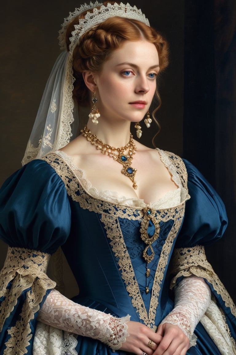 A Renaissance-style portrait of a woman wearing a Victorian-era dress, complete with intricate lace details