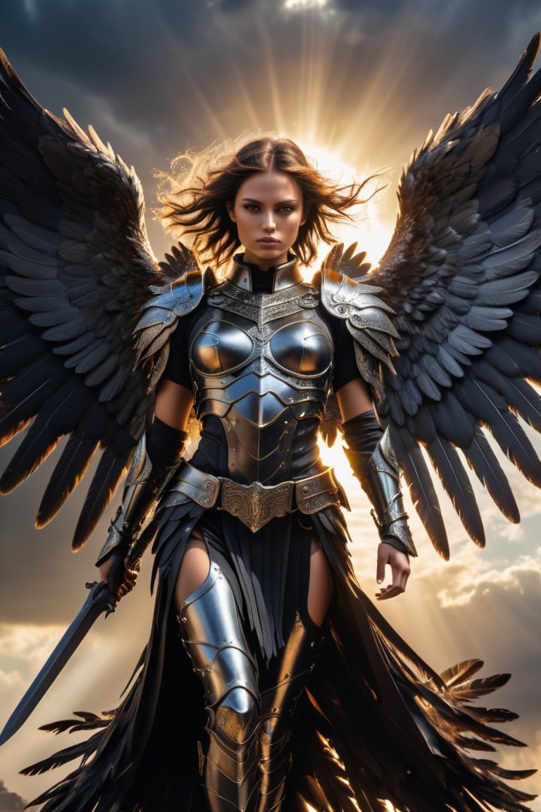 RAW photo of Renegade female Fallen Angel, in armour, dark and maelvolent, going to battle, sun rays through large wing feathers | detailed and bold, dramatic sky | Anti-Aliasing, FXAA, De-Noise, insanely detailed & intricate, hypermaximalist, elegant,