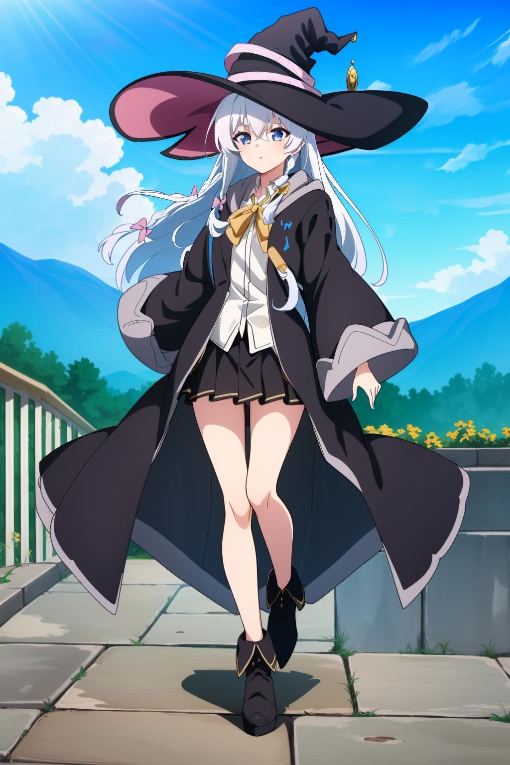 1girl,伊蕾娜,long hair,blue eyes,white hair,hair between eyes,witch,hair bow,braid,full body, legs, <lora:伊蕾娜1V-000010:0.8>white shirt,witch hat,black headwear,black robe,black skirt,bow,yellow ribbon,pleated skirt,open clothes,long sleeves,collared shirt,brooch,brown bag,wide sleeves,hooded robe,miniskirt,open robe,boots,black footwear,flower sea,blue sky,, Exquisite visuals, high-definition,masterpiece,best quality,