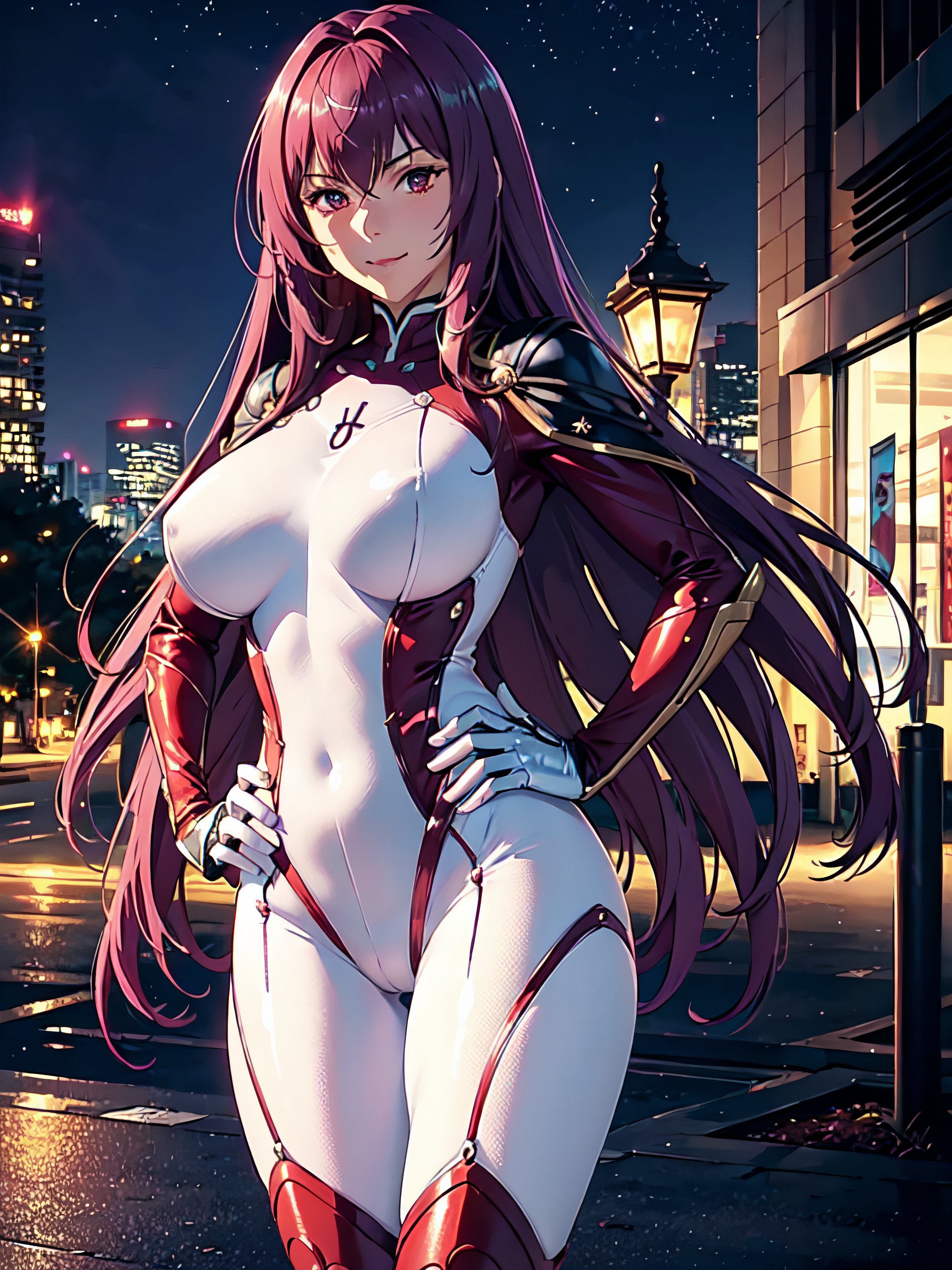 shiny hair, (dynamic angle),  ((Ultra-Detailed)),  ((Ambient Light)),  1girl, ((Scathach)), large breasts, full body, standing, cowboy shot, night, star, seductive smile, hand on hip, looking at viewer, see-throughwhite bodysuit, (perfect hands:1.1), outdoor, city , high_resolution, glitter, shiny