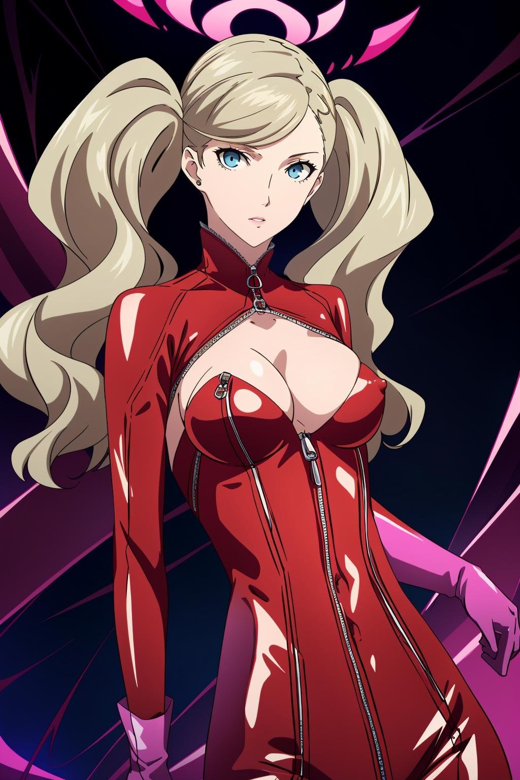 <lora:﷿卷杏1V-000009:0.6>,﷿卷杏,1girl,solo,looking at viewer,red bodysuit,pink gloves,cleavage,cleavage cutout,clothing cutout,medium breasts,shiny,zipper,latex,skin tight,unzipped,open clothes,nipples,nsfw,midriff,navel,, Exquisite visuals, high-definition,masterpiece,best quality,