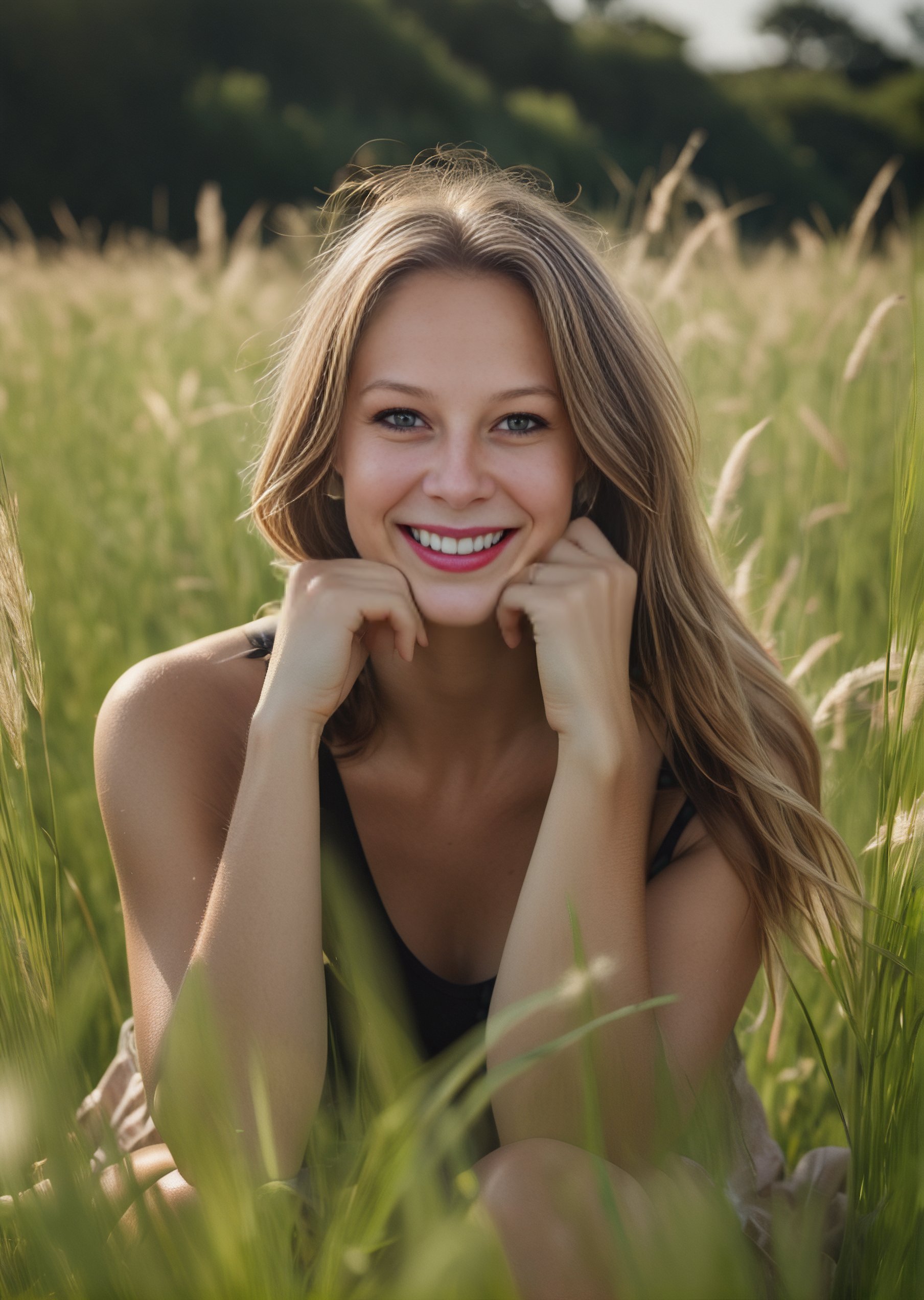 a woman is sitting in a field of tall grass smiling for the camera with her hands on her face,realistic skin details,realistic hair details,eyeliner,(freckles:0.3),(red lips:0.9),(eyeliner:0.8),Raw photo,8k,realistic skin details,realistic hair details,8k uhd,dslr,high quality,film grain,fujifilm xt3,16k uhd,dslr,best quality,decent Wrinkles,Fine Lines,Hyperpigmentation,Dark Spots,Pores,Dry Skin,Uneven Skin Tone,Blackheads,professional photography,cinema,ultra realistic,outdoor,film camera,dslr,lens flare,super-resolution,(16k),uhd,realistic,ultra realistic,ultra quality,film look,