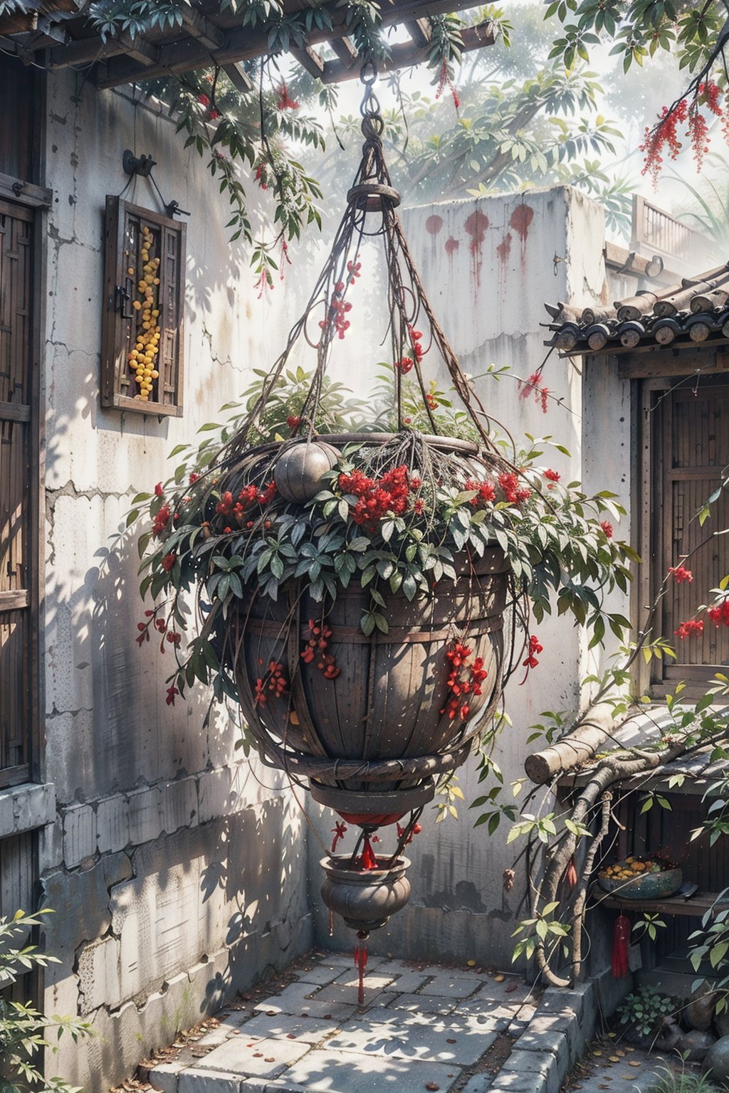 <lora:中国传统画_ChineseWatercolorPainting_v2.0:0.8>,Best quality,masterpiece,dynamic angle,highest detail,(Hanging basket:1.2),tea house,steaming teapot window,fallen leaves,(hanging red chili peppers on the wall:1.3),(corn kernels:1.2),