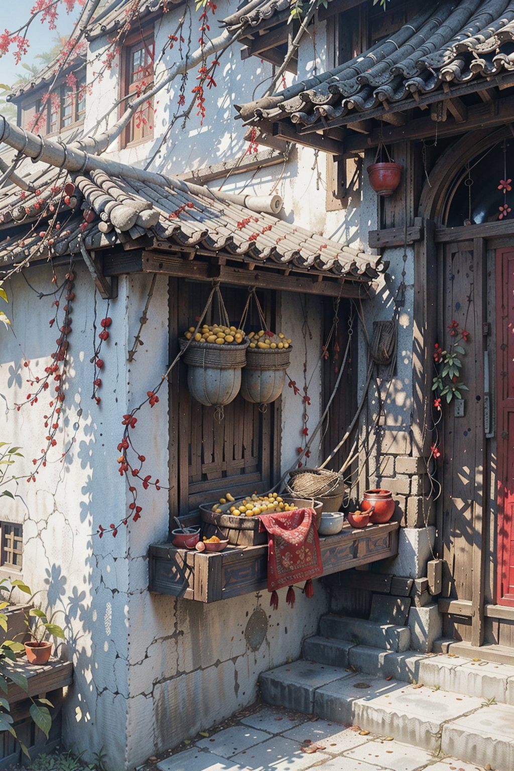 best quality,masterpiece,dynamic angle,highest detailed,(clearness:1.3),<lora:中国传统画_ChineseWatercolorPainting_v2.0:0.7>,chinese watercolor painting,(hanging basket:1.2),garlic,under the roof,window,footstep,fallen leaves,(red chili peppers hanging on the wall:1.3),(corn grain:1.2),