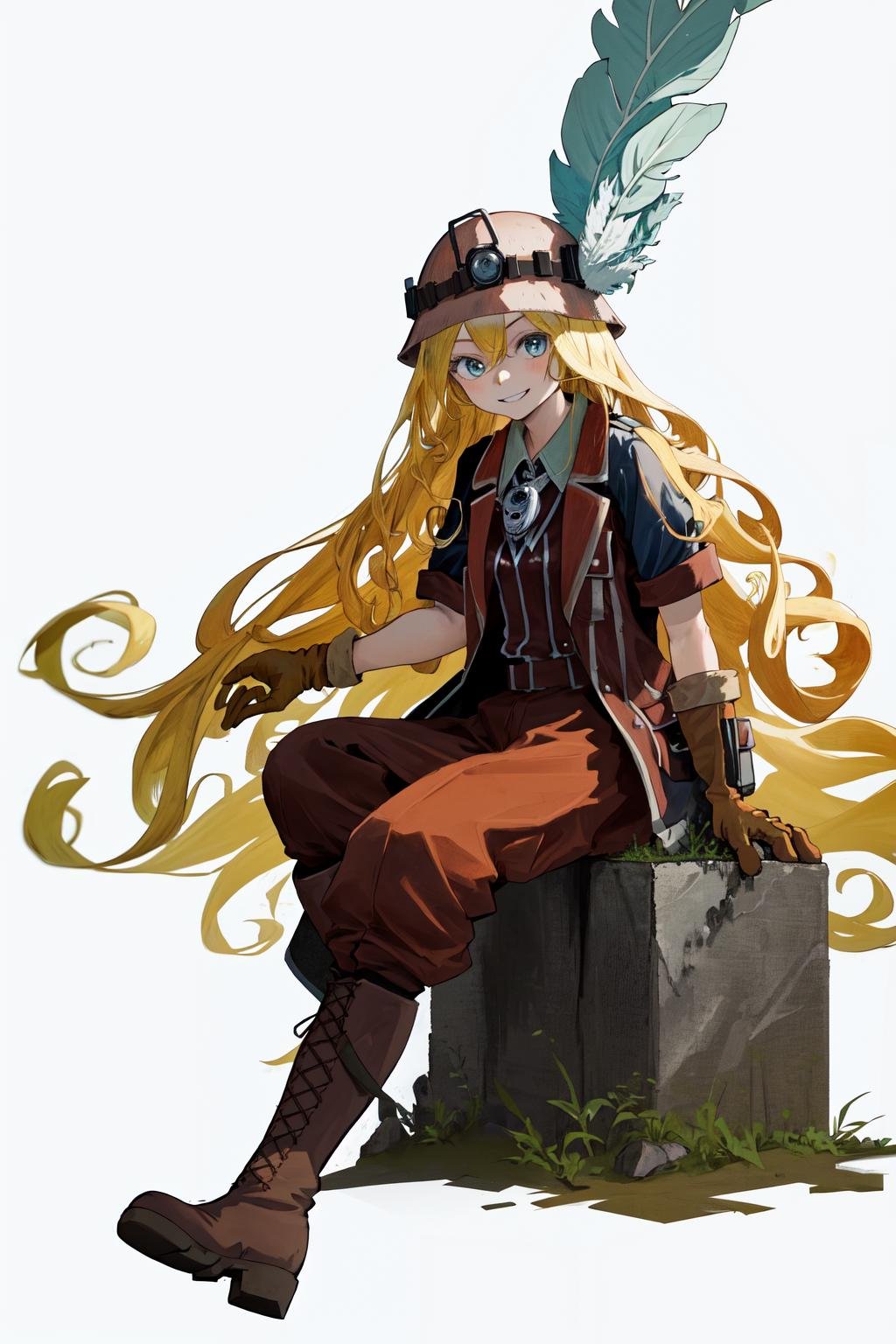 masterpiece, best quality, highres, 1girl very long hair blonde hair curly hair, red jacket helmet whistle short sleeves brown gloves red pants hat feather boots <lora:lyza:1> sitting, smile, simple background