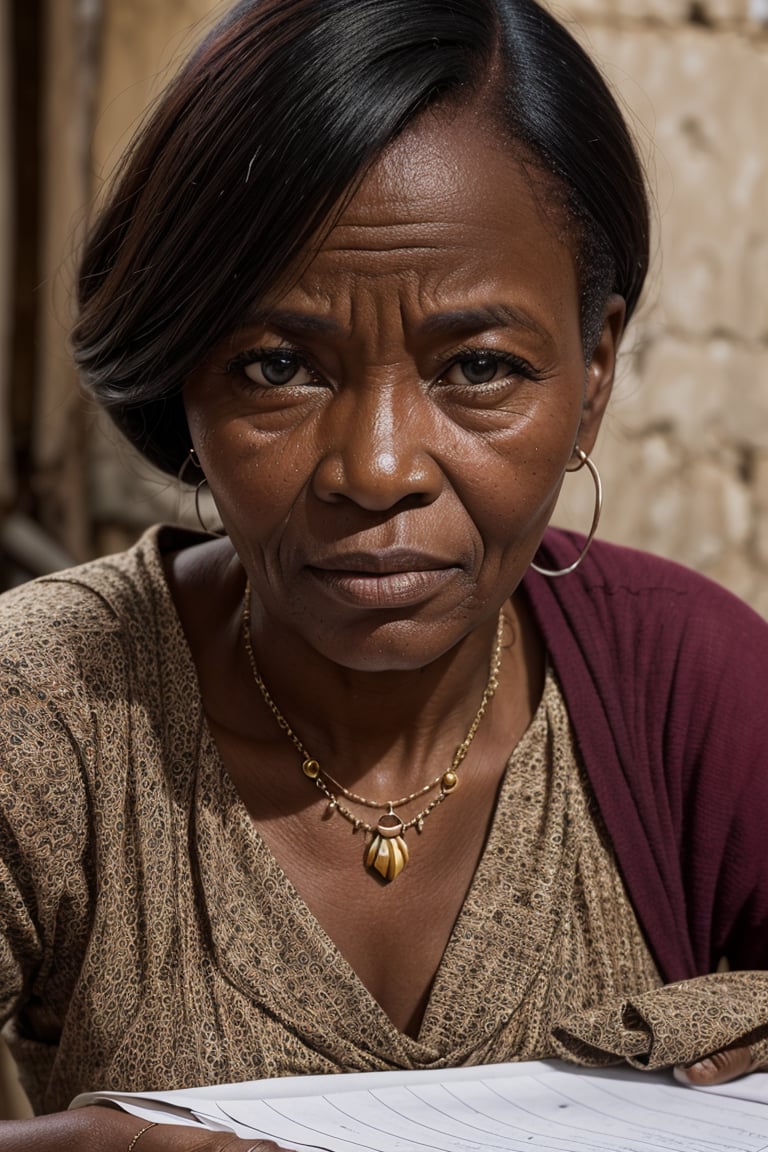Photo of a congolese woman, wrinkles, aged, necklace, crowded papers room, closeup, neutral colors, barren land
