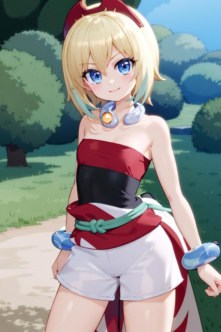 <lora:Mantis_Style:0.8>, ((masterpiece,best quality)), ,  <lora:irida_(pokemon)_v1:0.7>, aairida, short hair, red hairband, neck ring, collar, strapless shirt, red shirt, bracelet, sash, waist cape, white shorts, bare legs, solo, smiling, looking at viewer, cowboy shot,  cinematic composition, contrapposto,