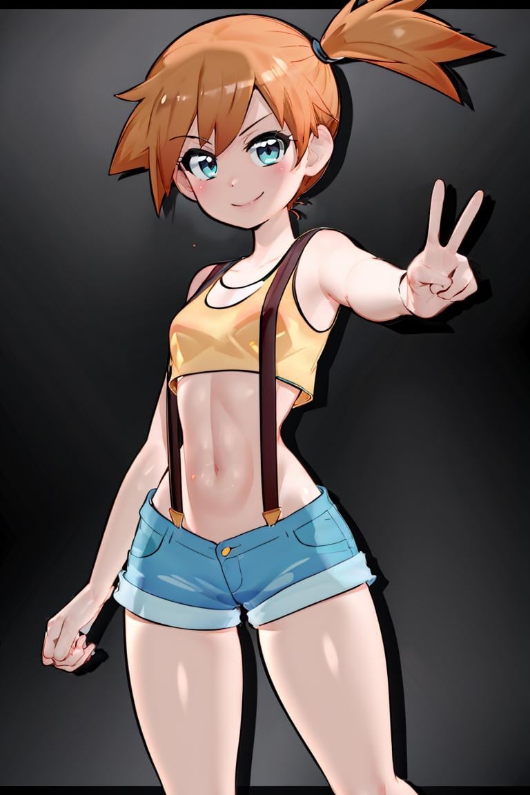 <lora:Mantis_Style:1>,((masterpiece,best quality)),<lora:Misty_Pokemon_v2_Anime:0.8>, Misty_Pokemon, yellow crop top, suspenders, side ponytail, orange hair, denim shorts,solo, smiling, blushing, looking at viewer, cowboy shot, peace sign,cinematic composition, contrapposto,abstract background,