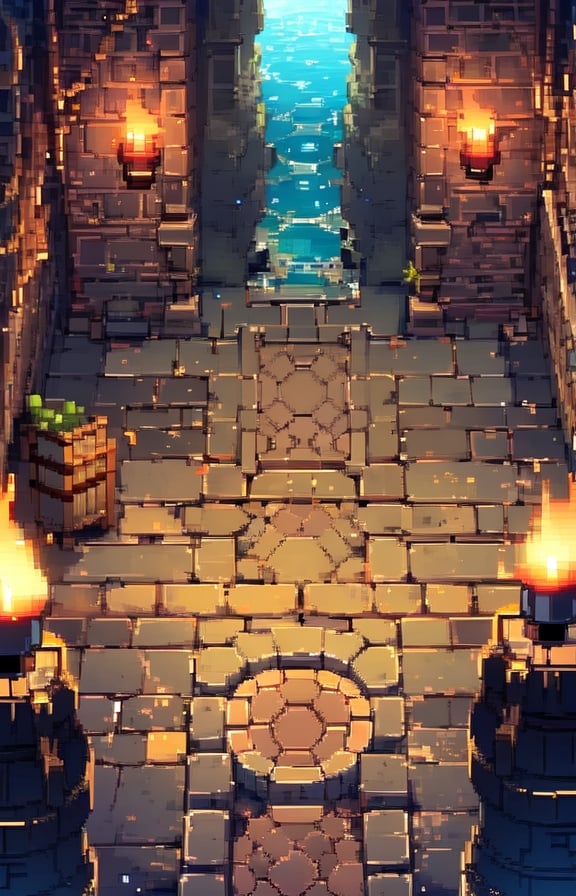 mw_pixels, barrel, no humans, candle, scenery, stairs, water, from above, fantasy, indoors, fire, lantern<lora:MW_Pixels_v1:0.8>