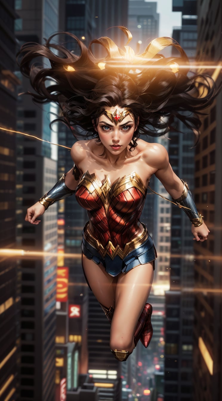 Generate a rough oil painting of Wonder Woman gracefully swinging through the gaps between skyscrapers (at night), using her Lasso of Truth as if she were Spider-Man. The golden glow emanating from the Lasso of Truth illuminates the scene like fluorescent lights. Capture her in a dynamic and stylish pose, reminiscent of Frank Miller's Sin City style. (field of depths,boheh backdrop),leonardo,wonder_woman