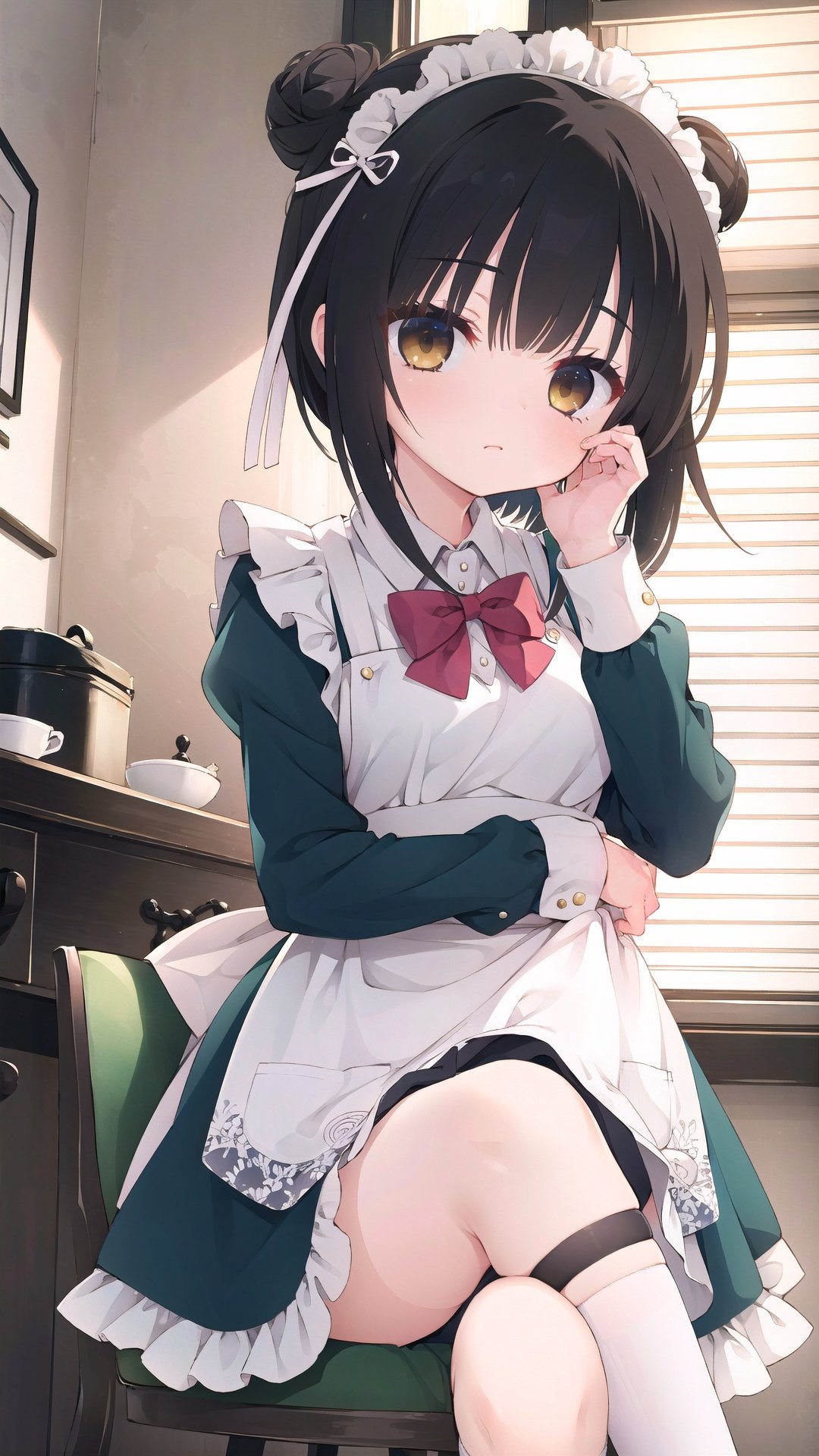 1girl, solo, apron, black hair, looking at viewer, maid, bangs, hair bun, bow, sitting, socks, sidelocks, brown eyes, crossed legs, frills, dress, long sleeves, shiny hair, single hair bun, hand on own face, hand on own cheek, bowtie, yellow eyes, clothes lift, breasts, shiny, short hair, maid apron, thigh strap, kneehighs