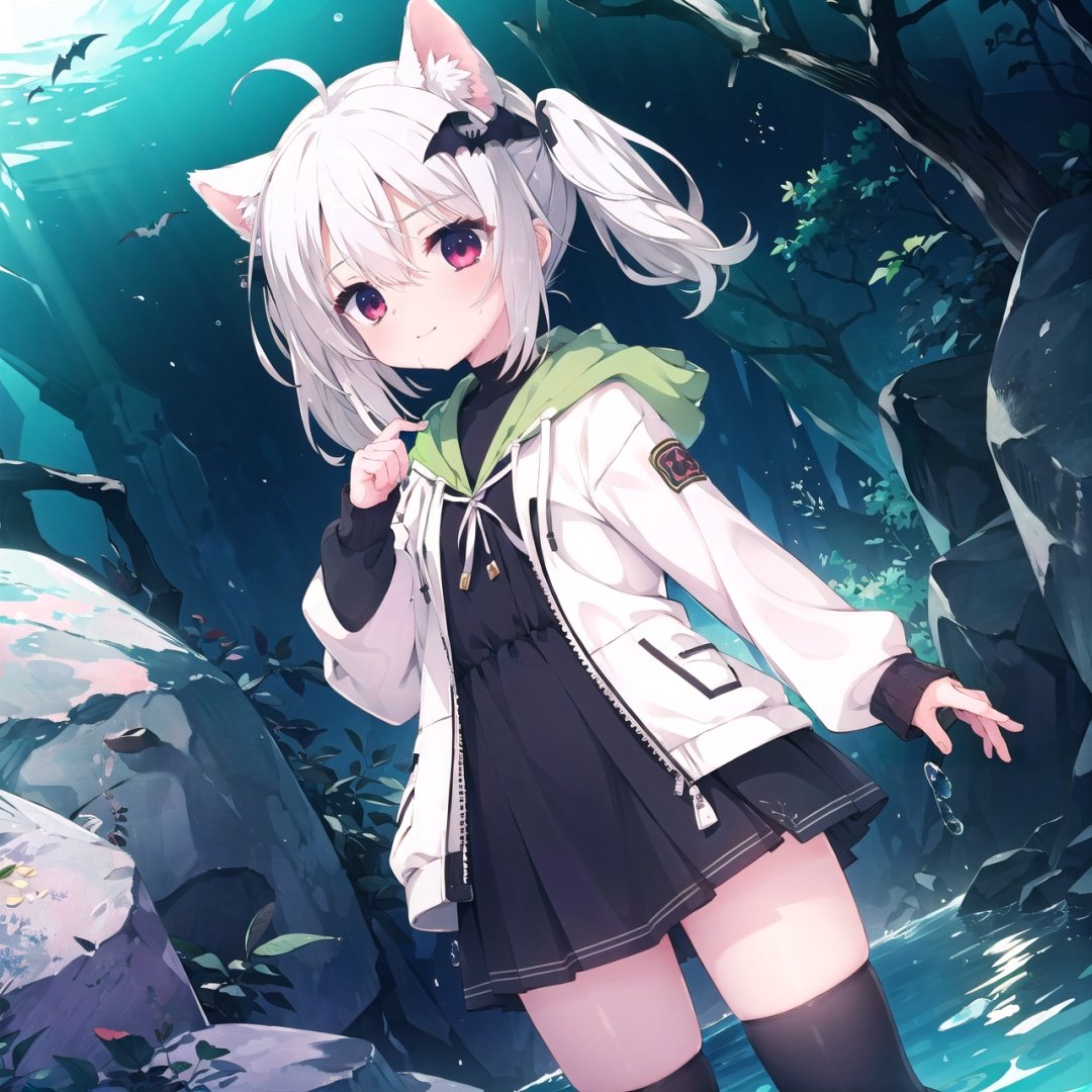 1girl, flat chest, short hair, white hair, ahoge, messy hair, payot, twintails, short twintails, animal ears, animal ear fluff, bat ears, bangs, hair between eyes, bat hair ornament, seductive smile, empty eyes, red eyes, glowing eyes, black dress, short dress, pleated skirt, hooded jacket, white jacket, open jacket, open clothes, white hood, hood down, long sleeves, wide sleeves, sleeves past wrists, sleeves past fingers, white thighhighs, zettai ryouiki, boots, white footwear, cave, damp, dark, geology, limestone, nature, rocks, subterranean, underground, water, wet, murky water, stalactites and stalagmites, masterpiece, best quality, official art, extremely detailed CG unity 8k wallpaper, artbook, yuzu-soft, kobuichi, muririn,