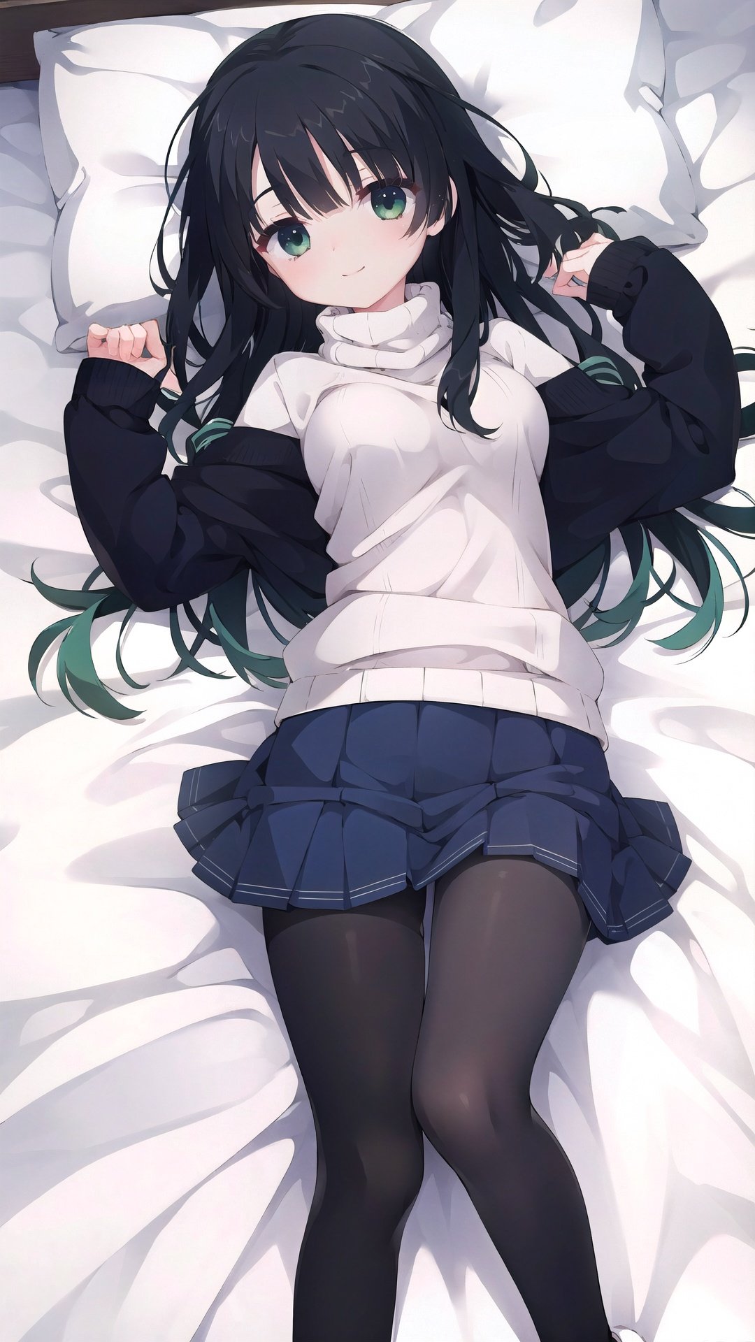 1girl, solo, pantyhose, green eyes, skirt, sweater, black hair, smile, lying, looking at viewer, on back, black pantyhose, breasts, ribbed sweater, medium breasts, long hair, pleated skirt, no shoes, long sleeves, bed sheet, sleeves past wrists, blue skirt, bangs