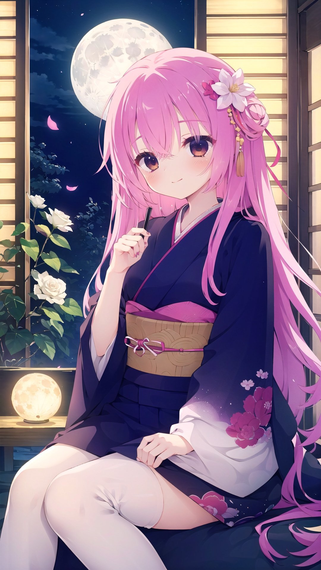 1girl, solo, japanese clothes, kimono, long hair, sash, sitting, smile, flower, obi, cage, white flower, floral print, moon, long sleeves, looking at viewer, closed mouth, wide sleeves, birdcage, bangs, hair ornament, print kimono, full moon, hair bow, hair flower, holding, bow, petals, very long hair, night, brown eyes, purple kimono, rose, blush, white rose, red flower, purple bow, shiny hair, floating hair, sliding doors, fingernails, ribbon, window, shiny, hair between eyes, night sky