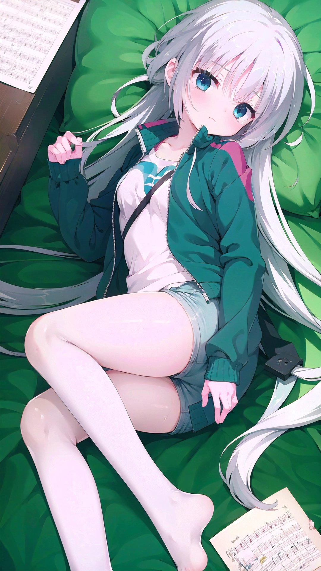 1girl, on side, solo, long hair, lying, jacket, shorts, blue eyes, can, blue jacket, long sleeves, closed mouth, track jacket, blue shorts, feet out of frame, white hair, sheet music, box, very long hair