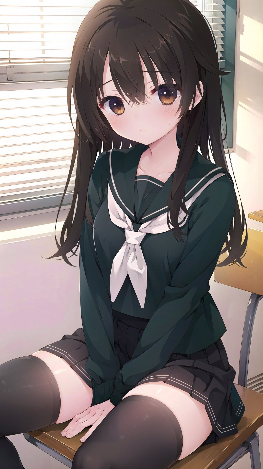 1girl, solo, thighhighs, long hair, school uniform, brown eyes, skirt, sitting, aisaka taiga, serafuku, looking at viewer, black thighhighs, black footwear, brown hair, black serafuku, desk, black skirt, neckerchief, shoes, sailor collar, school desk, shirt, long sleeves, bangs, white neckerchief, closed mouth, black shirt, pleated skirt, zettai ryouiki, hair between eyes, black sailor collar, blush, on desk, between legs, loafers, school chair, sitting on desk, hand between legs