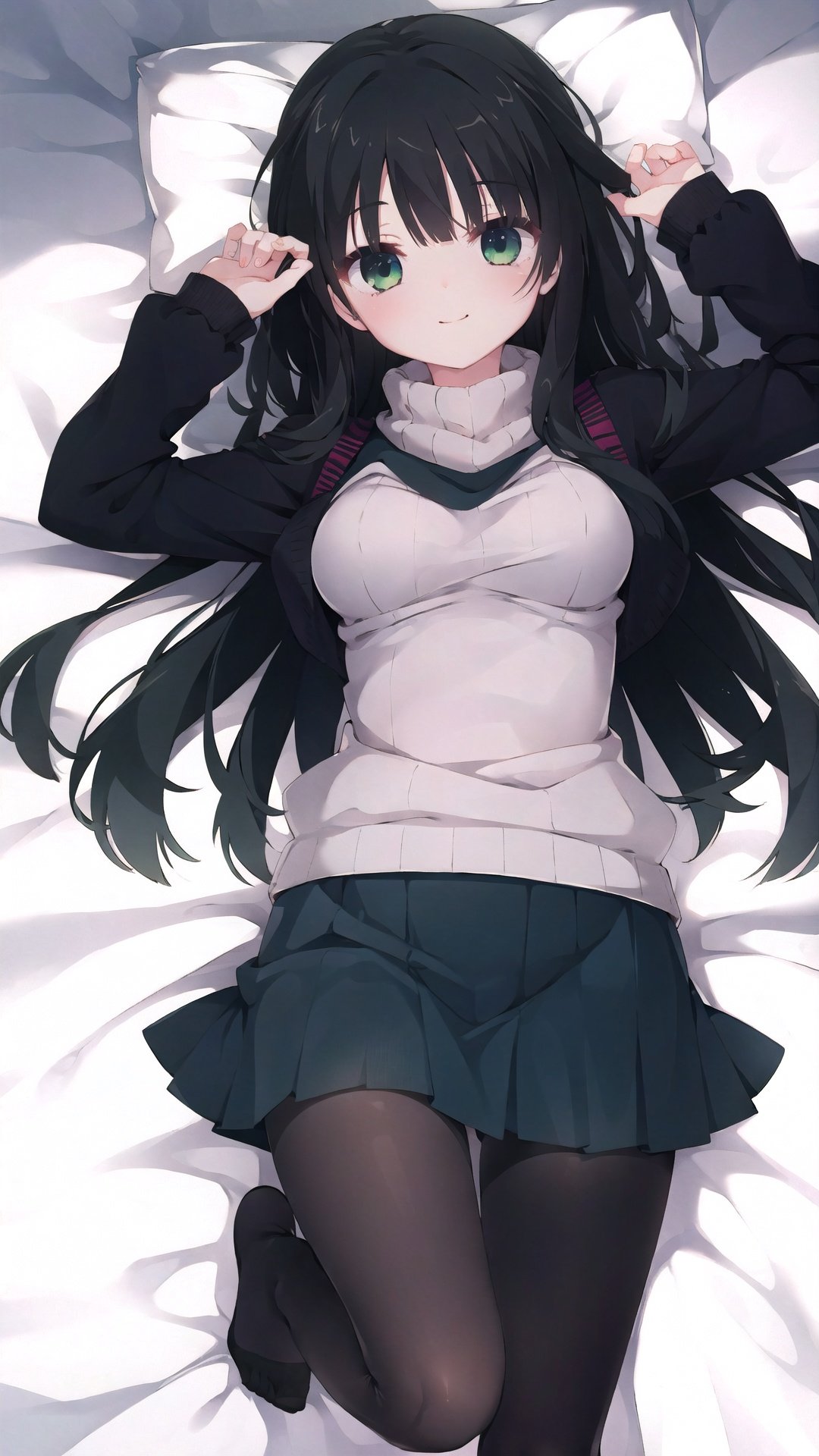 1girl, solo, pantyhose, green eyes, skirt, sweater, black hair, smile, lying, looking at viewer, on back, black pantyhose, breasts, ribbed sweater, medium breasts, long hair, pleated skirt, no shoes, long sleeves, bed sheet, sleeves past wrists, blue skirt, bangs