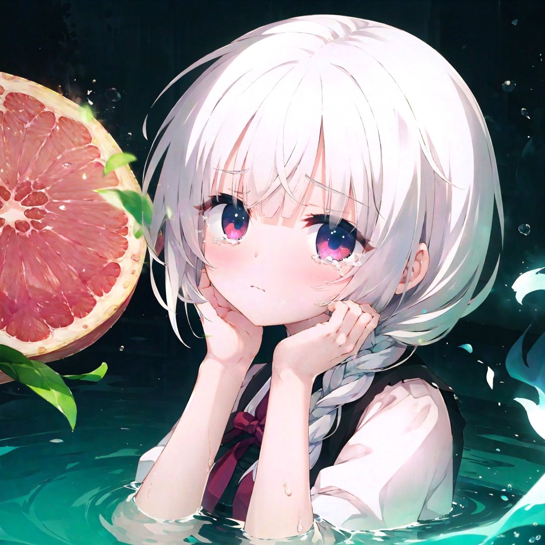  (streaming tears), sad, (grapefruit), (grapefruit), (grapefruit), looking at viewer, both hands on own cheek,White shirt , (white hair, short hair, braid,bangs:1.2), (glowing eyes), ripples, dark water, In water,