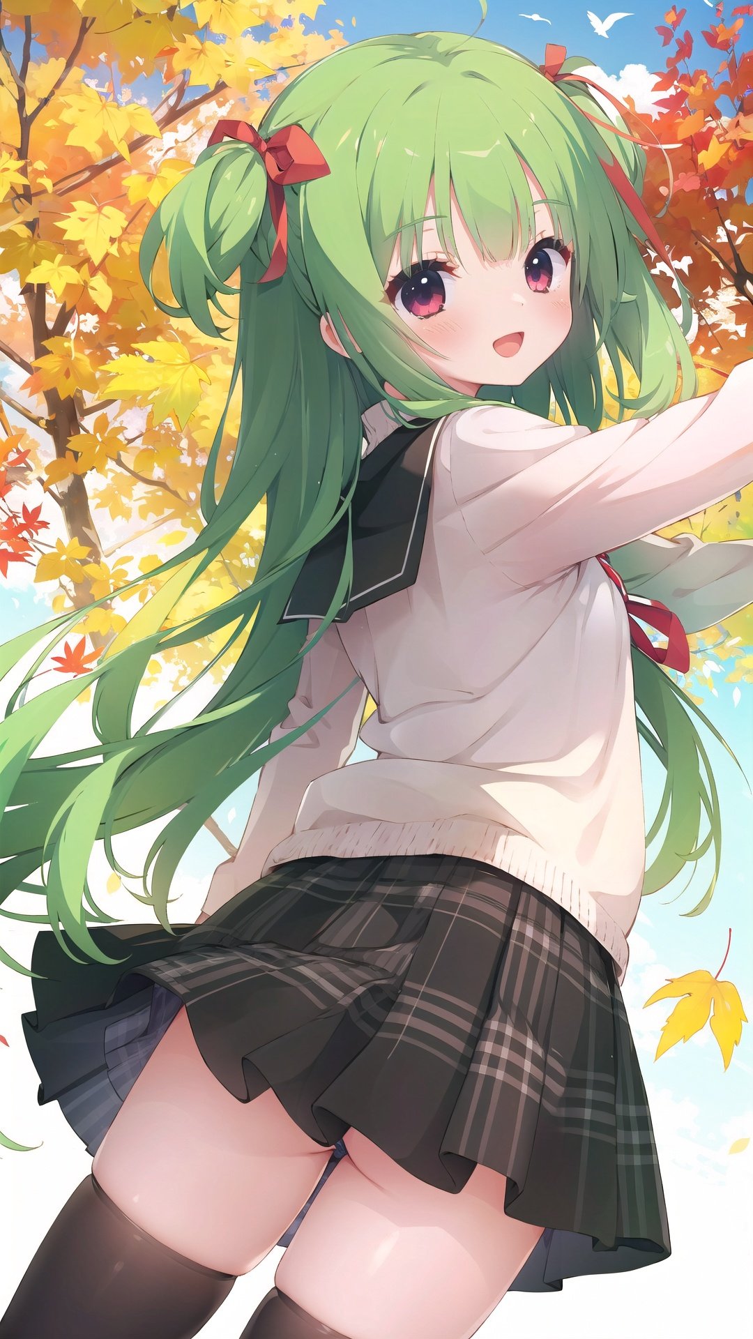 1girl, solo, long hair, green hair, thighhighs, ribbon, skirt, hair ribbon, open mouth, leaf, black thighhighs, smile, school uniform, two side up, outstretched arms, looking at viewer, maple leaf, very long hair, autumn leaves, looking back, purple eyes, plaid skirt, dutch angle, sweater, plaid, blush, :d, red eyes, cardigan, pleated skirt