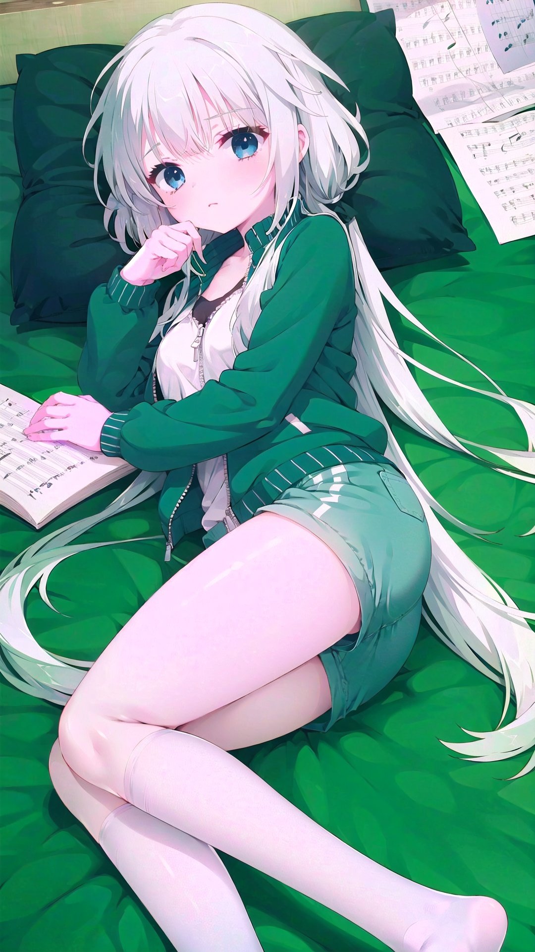 1girl, on side, solo, long hair, lying, jacket, shorts, blue eyes, can, blue jacket, long sleeves, closed mouth, track jacket, blue shorts, feet out of frame, white hair, sheet music, box, very long hair