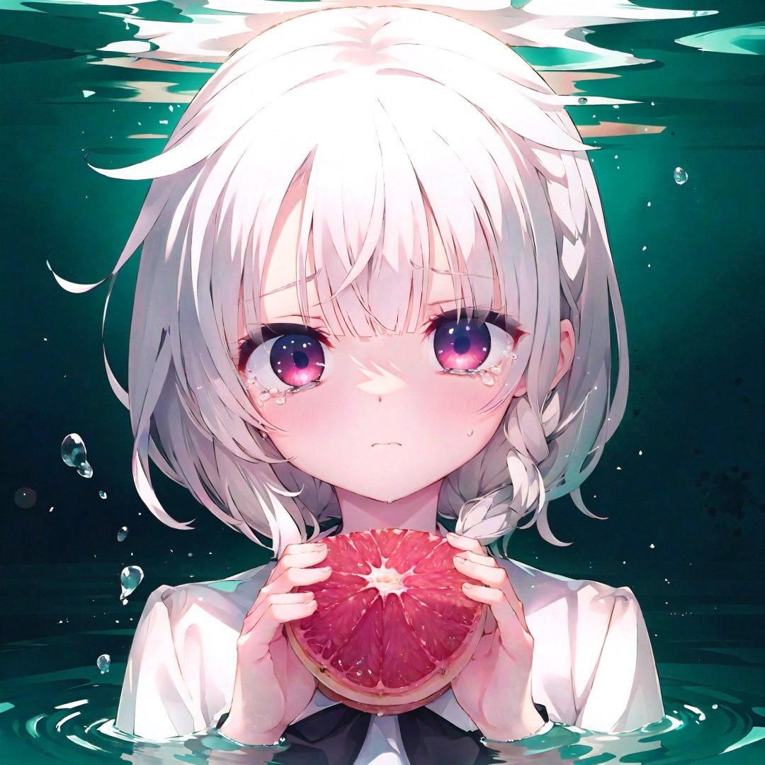  (streaming tears), sad, (grapefruit), (grapefruit), (grapefruit), looking at viewer, both hands on own cheek,White shirt , (white hair, short hair, braid,bangs:1.2), (glowing eyes), ripples, dark water, In water,