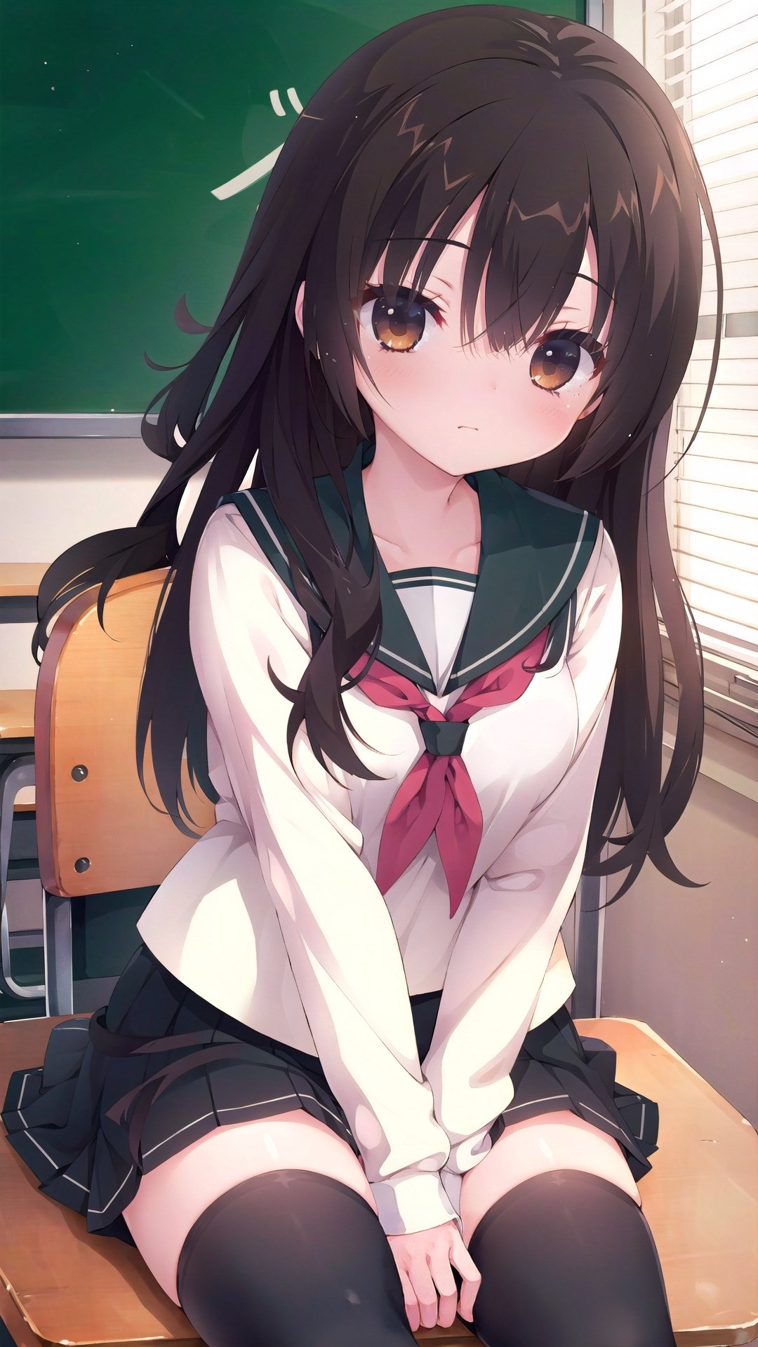 1girl, solo, thighhighs, long hair, school uniform, brown eyes, skirt, sitting, aisaka taiga, serafuku, looking at viewer, black thighhighs, black footwear, brown hair, black serafuku, desk, black skirt, neckerchief, shoes, sailor collar, school desk, shirt, long sleeves, bangs, white neckerchief, closed mouth, black shirt, pleated skirt, zettai ryouiki, hair between eyes, black sailor collar, blush, on desk, between legs, loafers, school chair, sitting on desk, hand between legs