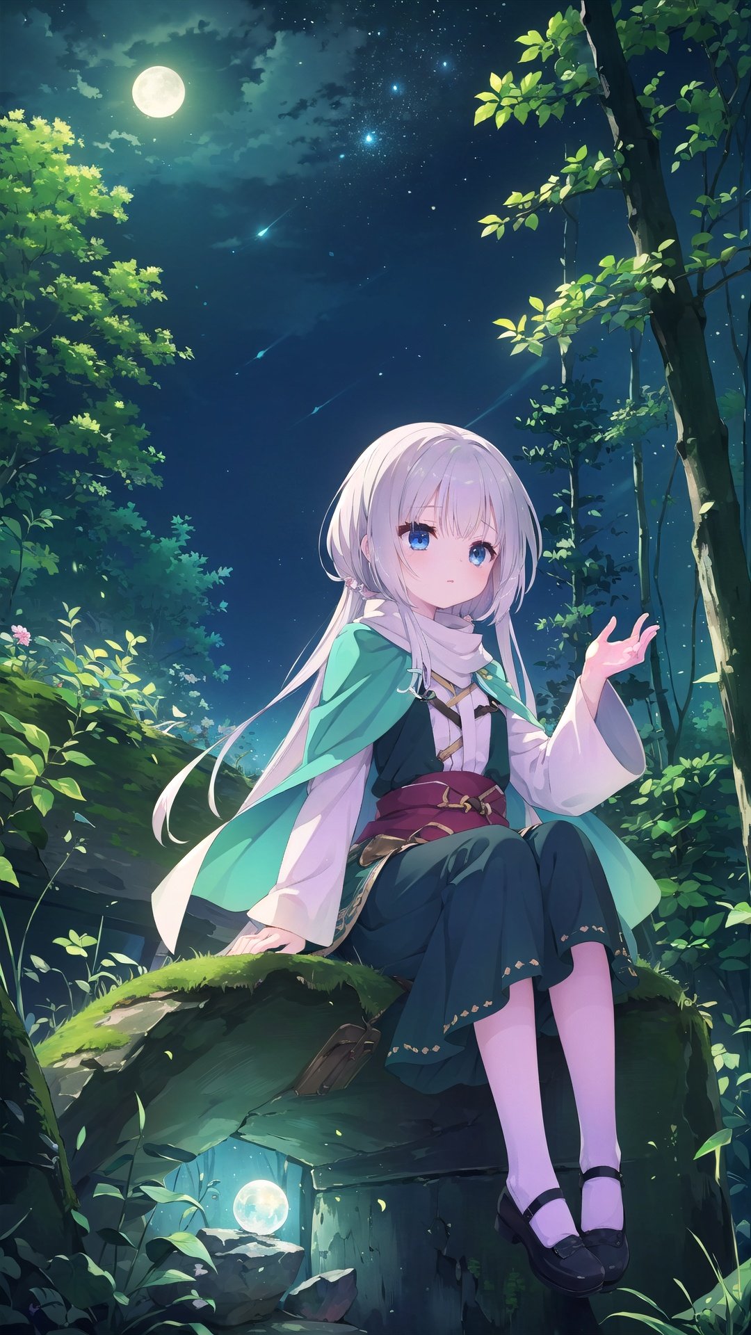 (masterpiece, best quality:1.4), A girl in a fantasy world, sitting on a floating rock, under a beautiful night sky, in a bright forest. She has long silver hair and blue eyes, and wears a white dress with a blue cloak. She holds a glowing orb in her hand, and looks at the stars with wonder. The forest is filled with luminous flowers and mushrooms, and fireflies dance in the air. The floating rock is covered with moss and vines, and has a small waterfall flowing from it. The night sky is clear and dark, with a full moon and many stars.