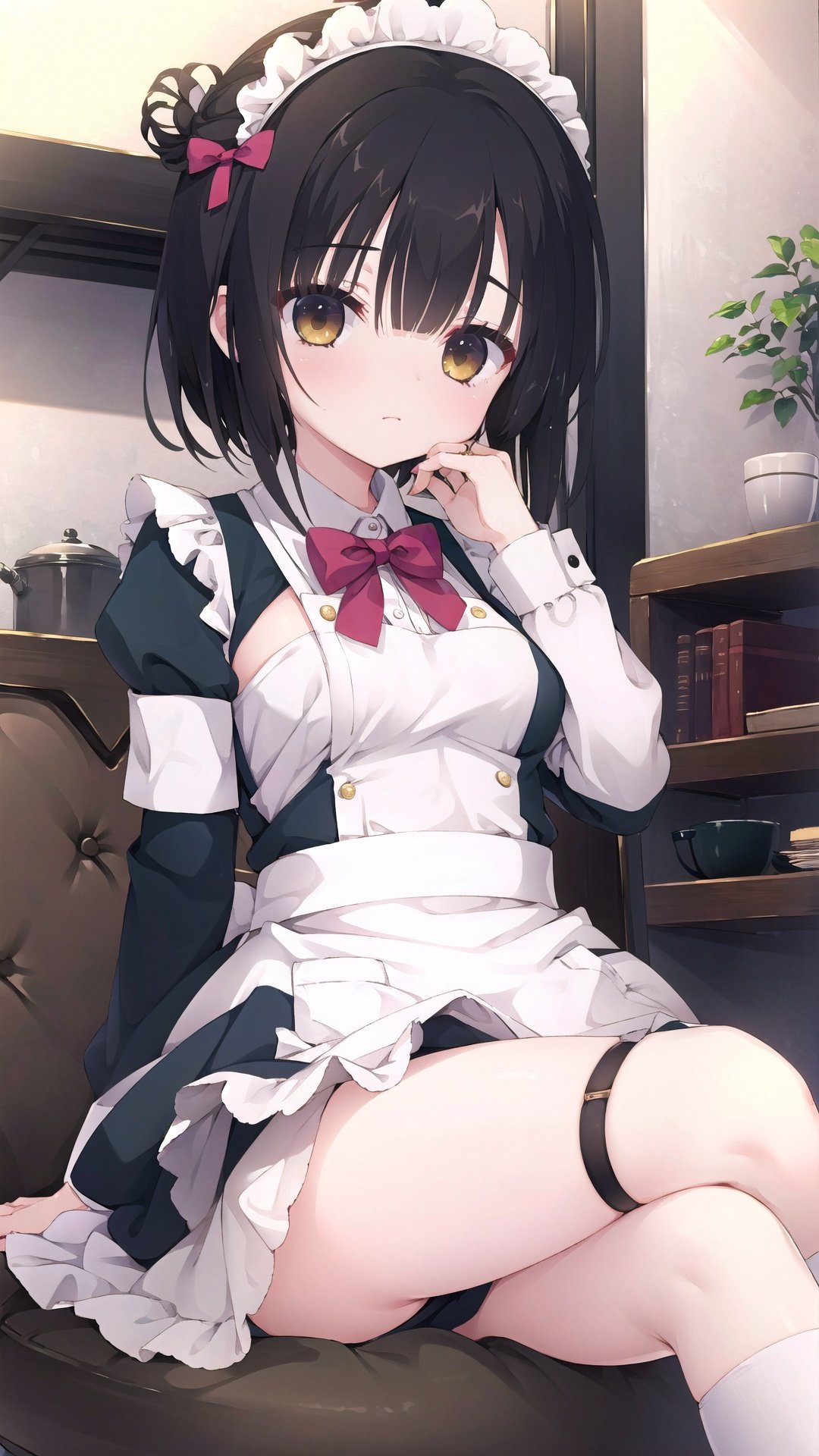 1girl, solo, apron, black hair, looking at viewer, maid, bangs, hair bun, bow, sitting, socks, sidelocks, brown eyes, crossed legs, frills, dress, long sleeves, shiny hair, single hair bun, hand on own face, hand on own cheek, bowtie, yellow eyes, clothes lift, breasts, shiny, short hair, maid apron, thigh strap, kneehighs