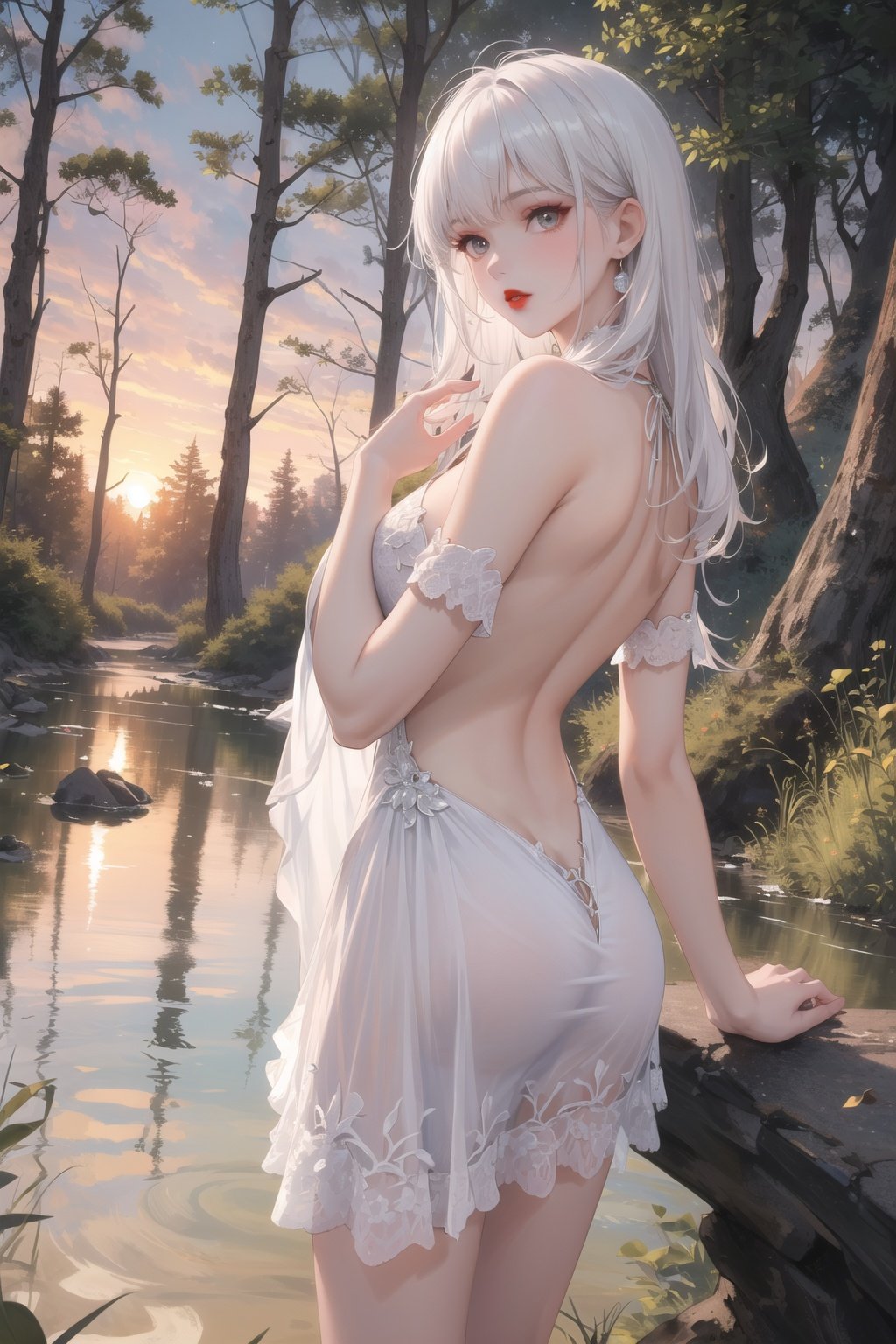 (best quality,masterpiece:1.3),(super-complex detail:1.4),ultra high res,finely detail,solo,(mature face),makeup,red lips,large chest,backless dress,bare legs,sunset,a stream by the forest,bule eyes,white hair,