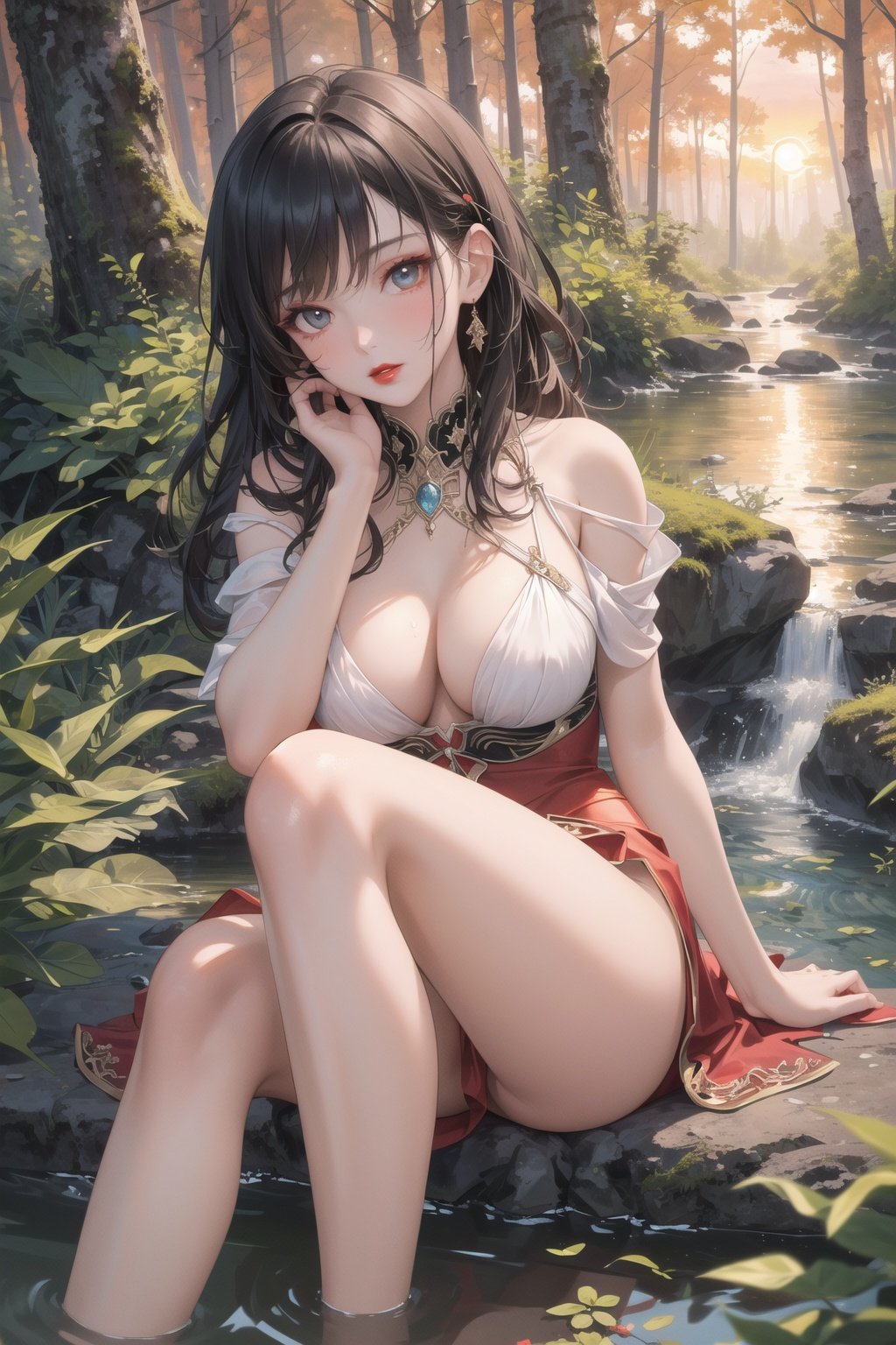 (best quality,masterpiece:1.3),(super-complex detail:1.4),ultra high res,finely detail,solo,(mature face),makeup,red lips,large chest,backless dress,bare legs,sunset,a stream by the forest,bule eyes,