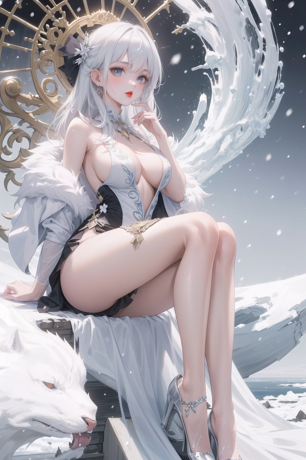 (best quality,masterpiece:1.3),(super-complex detail:1.4),ultra high res,finely detail,solo,(mature face),makeup,red lips,large chest,backless dress,bare legs,snowing,floe,bule eyes,white hair,