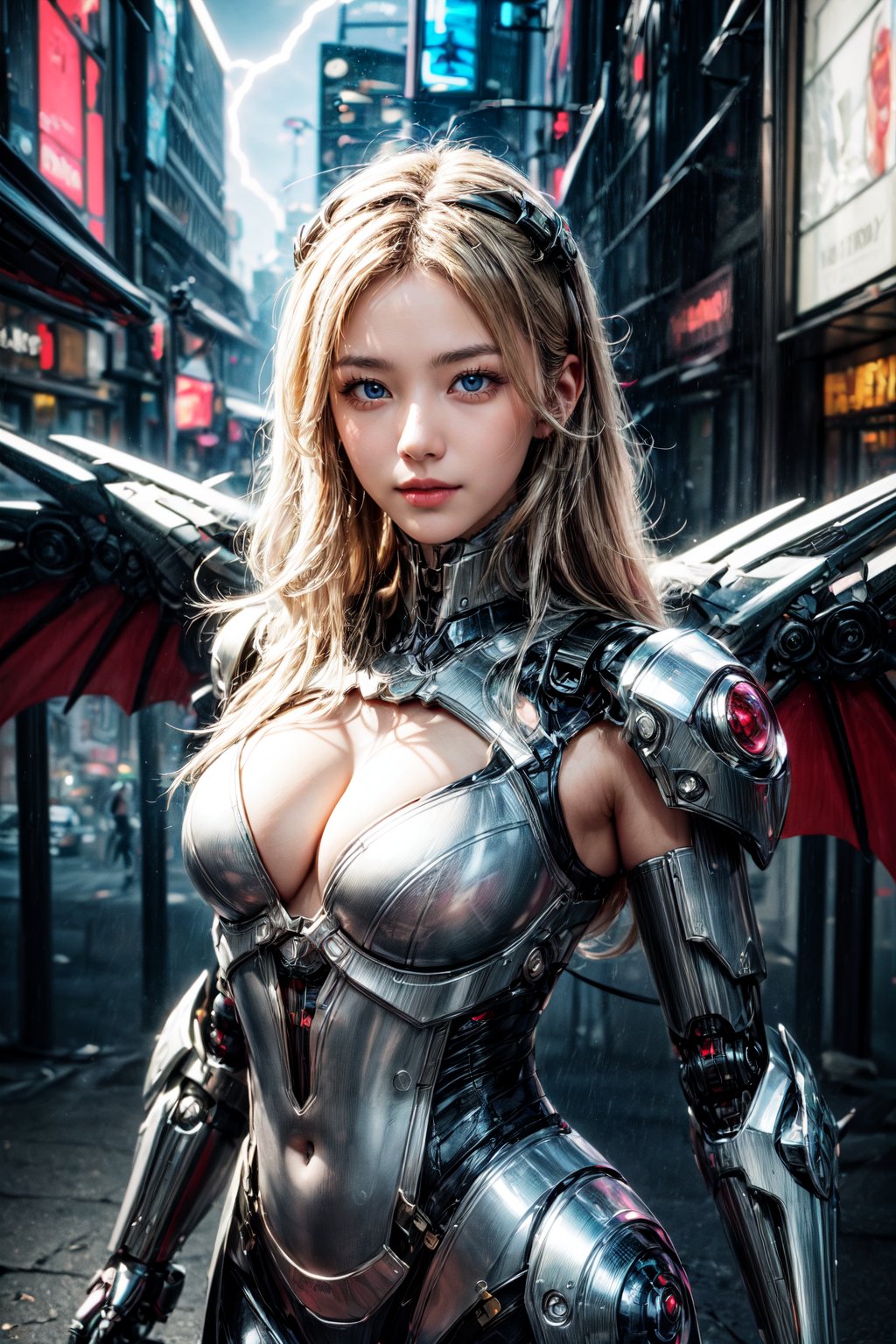 {{master piece}},best quality,illustration,1girl,small breast,beatiful detailed eyes,beatiful detailed cyberpunk city,flat_chest,beatiful detailed hair,wavy hair,beatiful detailed steet,mecha clothes,robot girl,cool movement,sliver bodysuit,{filigree},dargon wings,colorful background,a dragon  stands behind the girl,rainy days,{lightning effect},beatiful detailed sliver dragon arnour,（cold face）,Realism,,weapon,Portrait