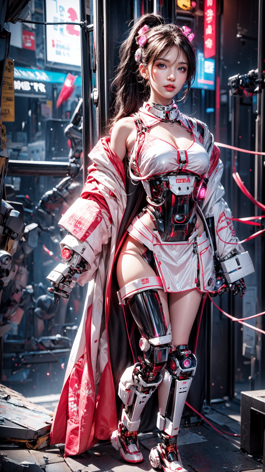 Accurate anatomy, accurate body structure, Bright color matching, high contrast,
full body, (upper body:1.2), 
1girl, solo, beautiful face, black_hair, Long ponytail,  Full-coverage clothes, (wires), robotic body, robotics arms, robotic legs, robotic hands, armored, straight leg, mechanical, mecha, light particles, Pink Mecha, All-round fill light, 
kimono, laboratory,
CyberMechaGirl,Cyberpunk,CyberMechaGirl,robotic body,1 girl