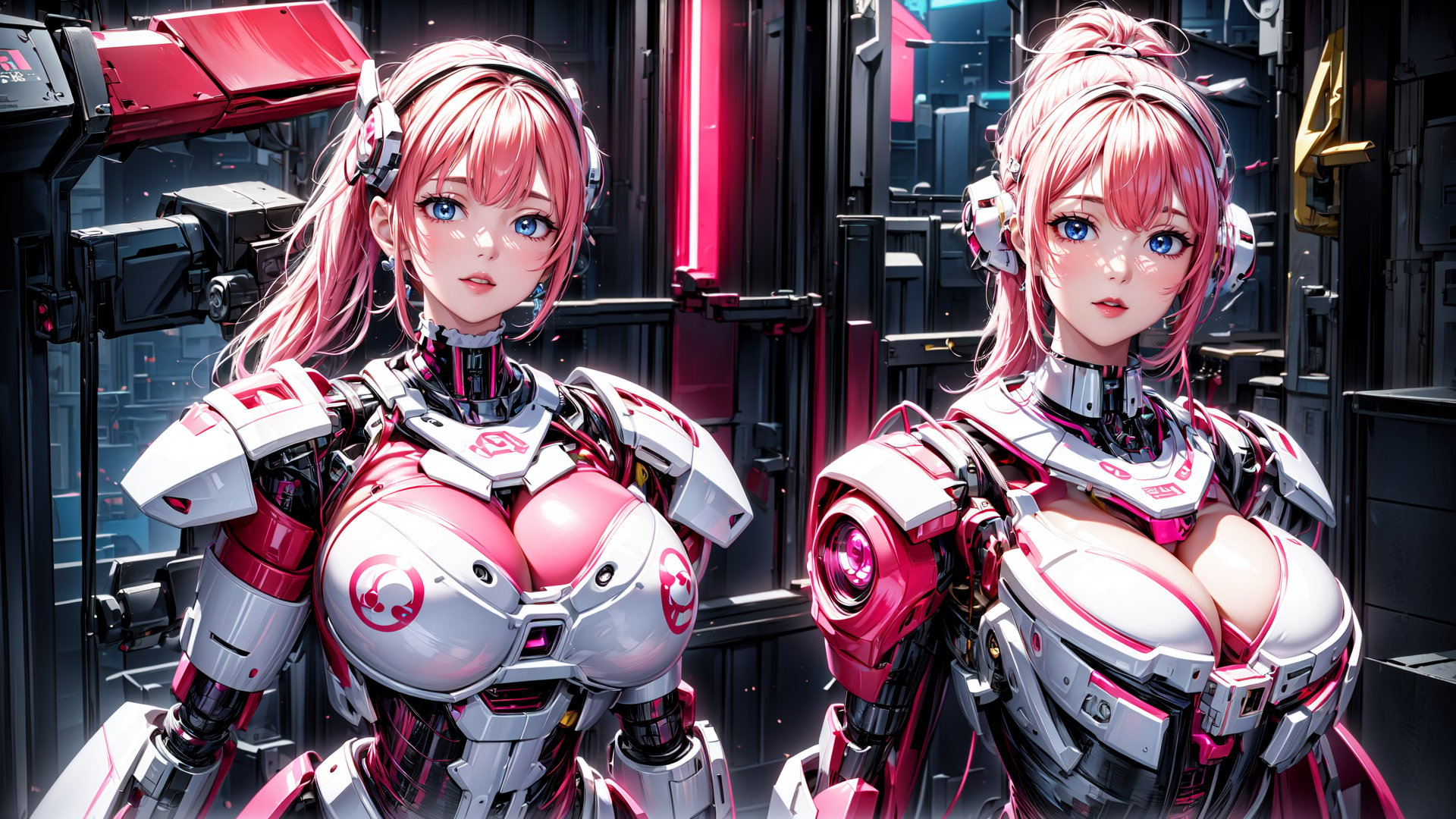 Accurate anatomy, accurate body structure, accurate breast structure, Bright color matching, high contrast,
full body, (upper body:1.2), 
1girl, solo, beautiful face, black_hair, Long ponytail,  Full-coverage clothes, (gigantic breast:1),  (wires), robotic body, robotics arms, robotic legs, robotic hands, armored, straight leg, mechanical, mecha, light particles, Pink Mecha, All-round fill light, 
kimono, laboratory,
CyberMechaGirl,Cyberpunk,CyberMechaGirl,robotic body